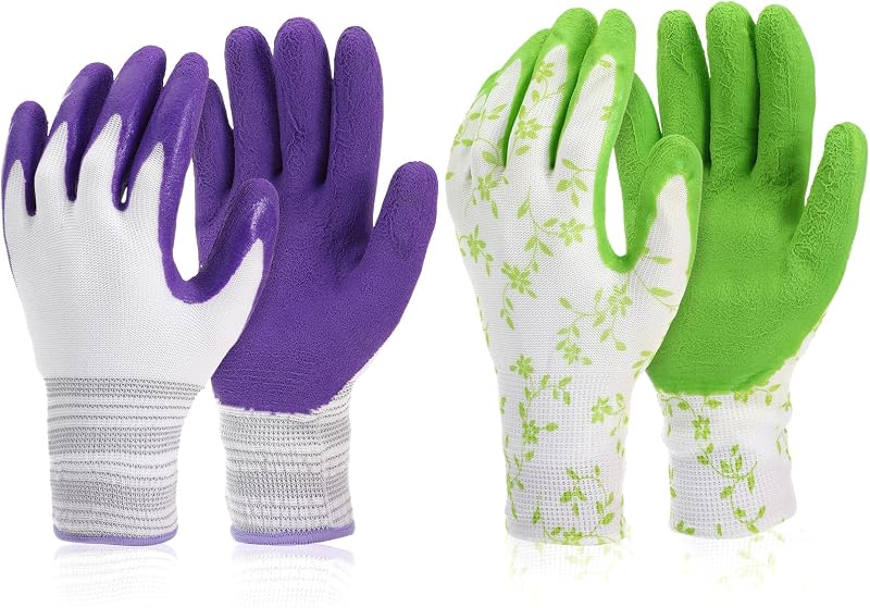 2 pares de guantes de jardín para mujer, guantes de jardinería con revestimiento de goma transpirable, guantes de trabajo para interiores y exteriores, para jardín, hogar, jardín, juego de herramientas (tamaño mediano, morado y verde)