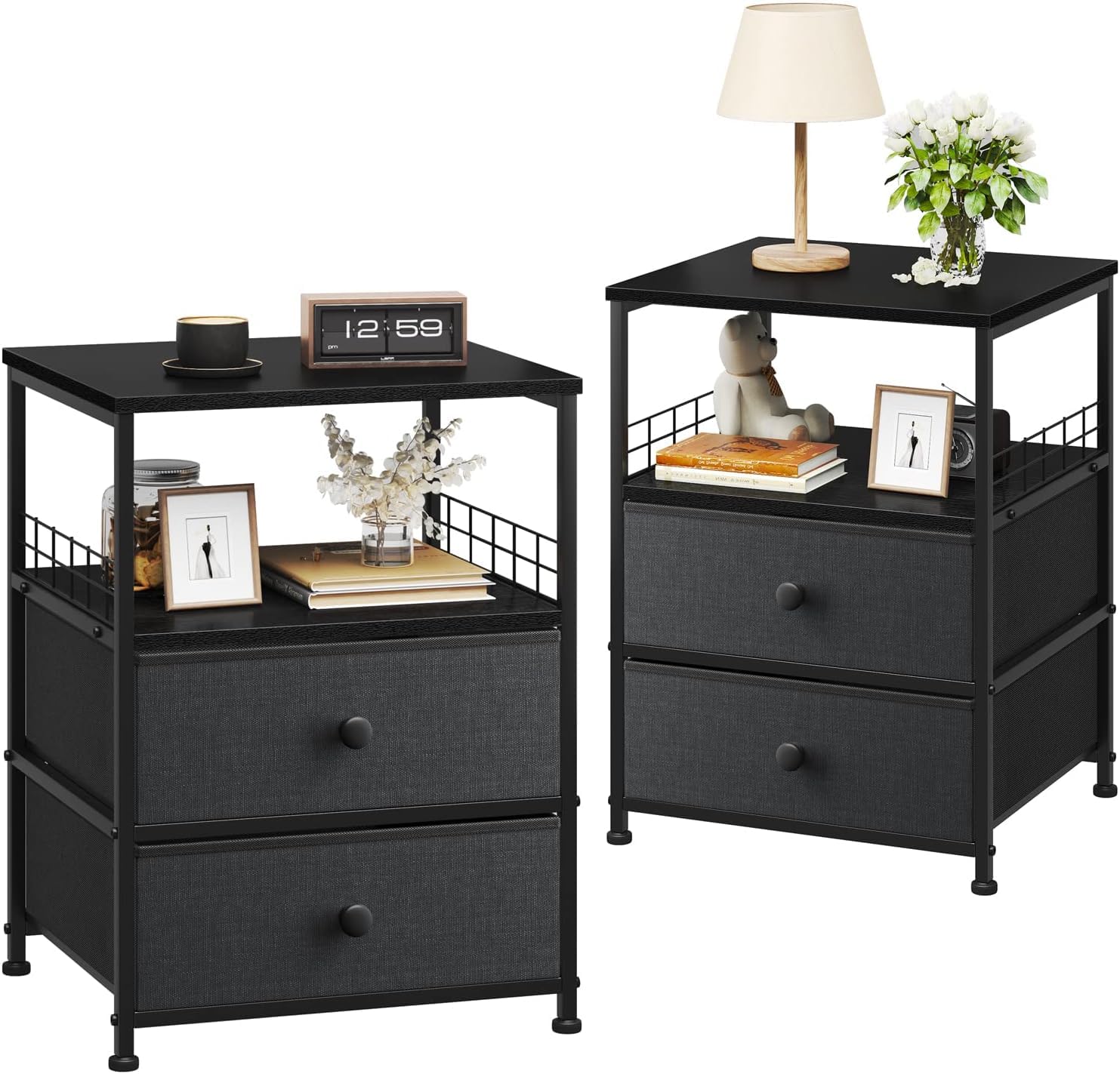 Nightstand Set of 2, 17.8" W Bedside Table with Fabric Drawers and Open Wood Shelf Storage, Safety Netting on Both Sides of End Table,Night Stand for Bedroom,Closet, Hallway, Dorm,Black and Gray