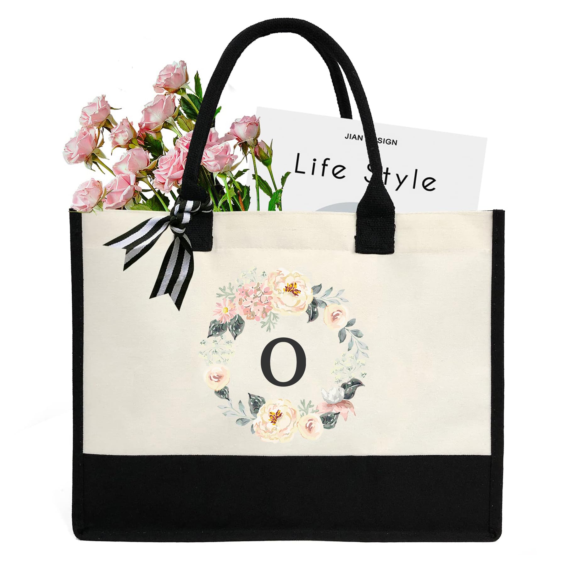 DWDC A-Z 26 Letter Canvas Tote Bag,Personalized Present Bag, Suitable for Wedding, Birthday, Beach, Holiday, is a Great Gift for Women, Mom, Teachers, Friends, Bridesmaids(Letter O)