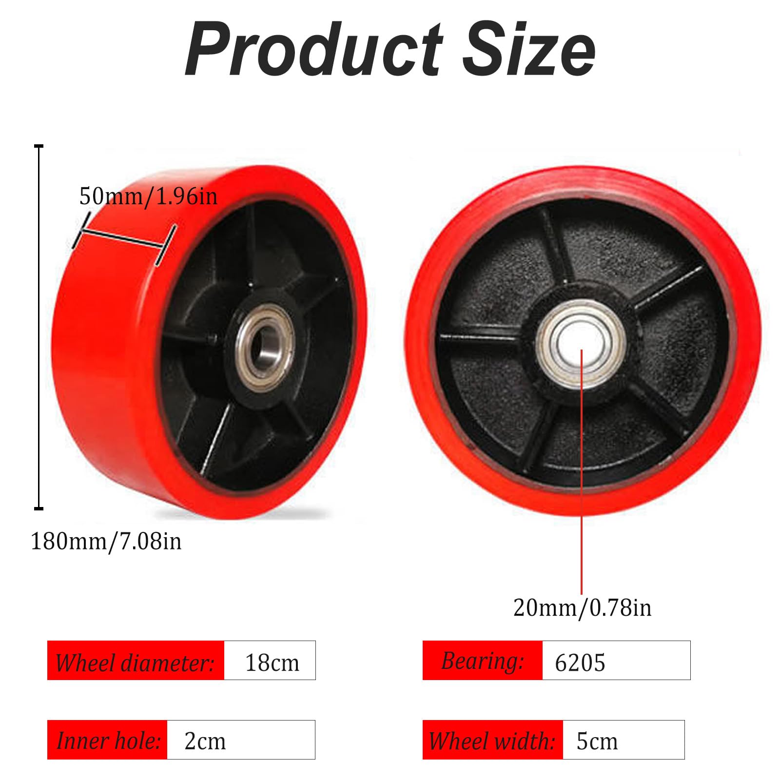 2 ruote per carrello sollevatore in poliuretano, 180 x 50 mm, asse 20 mm, ruote per carrello sollevatore con cuscinetto a sfera, ruote di ricambio per carico massimo 500 kg