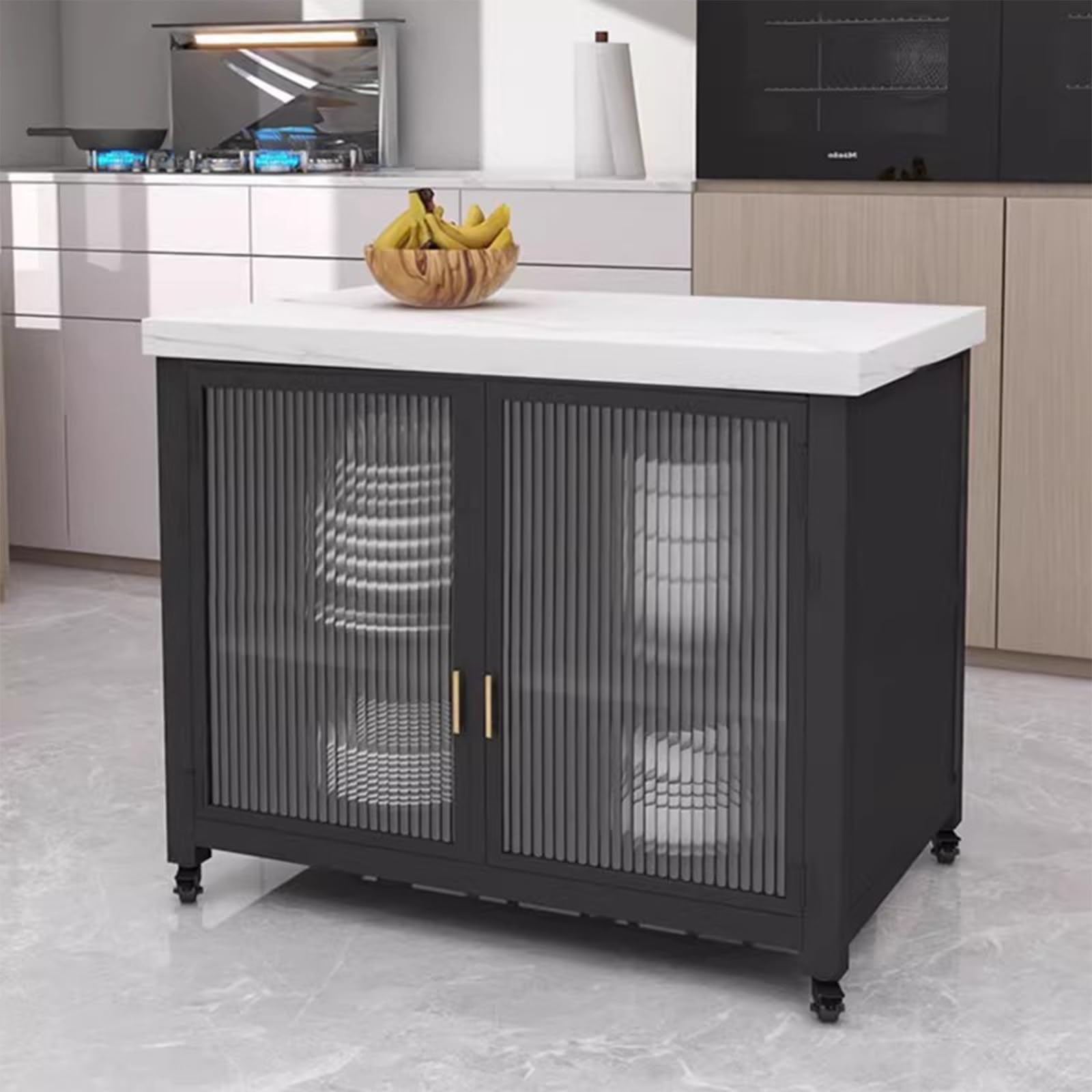 Mobile contenitore per cucina ad isola Armadietto portaoggetti in metallo con isola cucina mobile piano in pietra sinterizzata e anta in vetro scanalato(Bianco,Piccolo)