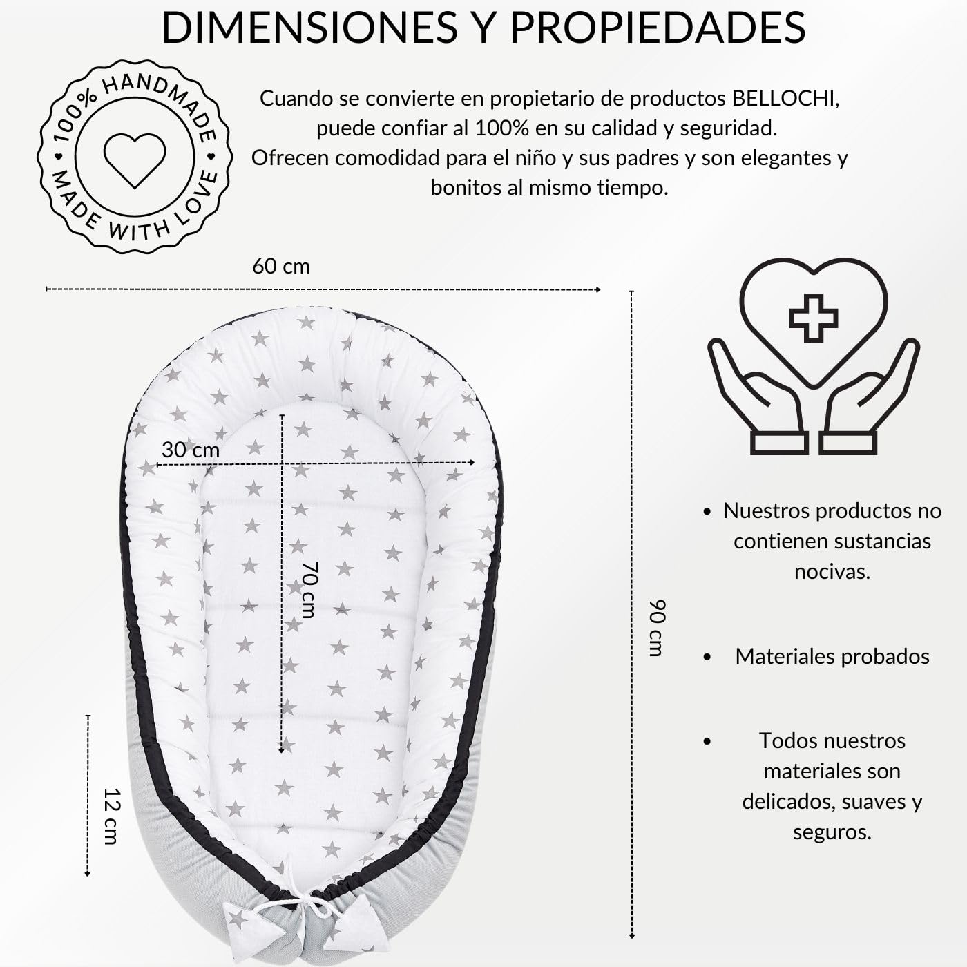 Bellochi Nido Bebe Recien Nacido, Reductor de Cuna Nido para Bebe - 100% Algodón - 90x60x12cm con Bordes Protectores - Nunki Star