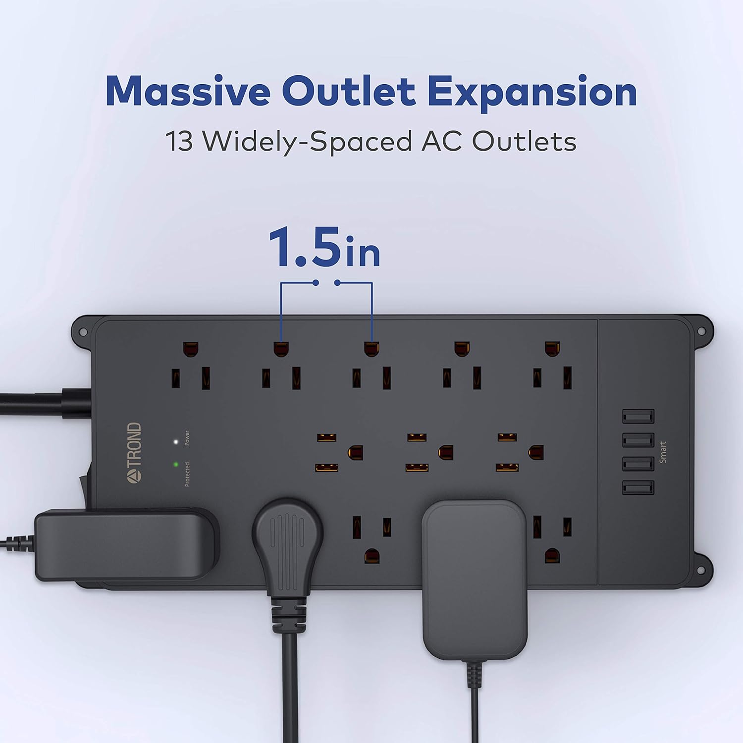 4000J Power Strip Surge Protector, ETL Listed, TROND 13 Widely-Spaced Outlets Expansion with 4 USB Ports, Low-Profile Flat Plug, Wall Mountable, 5ft Extension Cord, 14AWG Heavy Duty, Black : Electronics