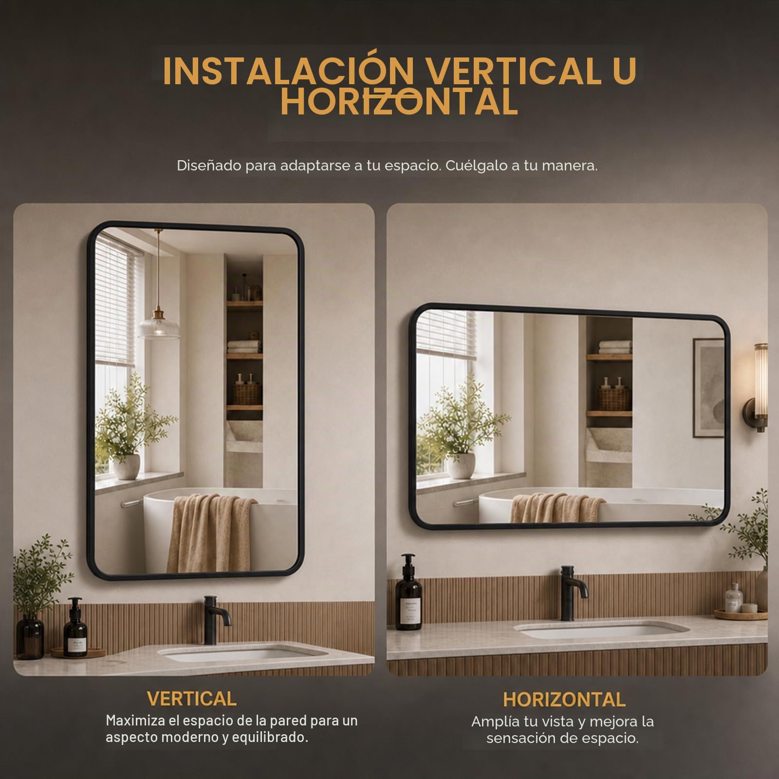 Espejo de baño 100x60 cm, Marco de Aluminio Negro | Resistente al óxido y la corrosión · montaje horizontal o vertical · baño, dormitorio, salón