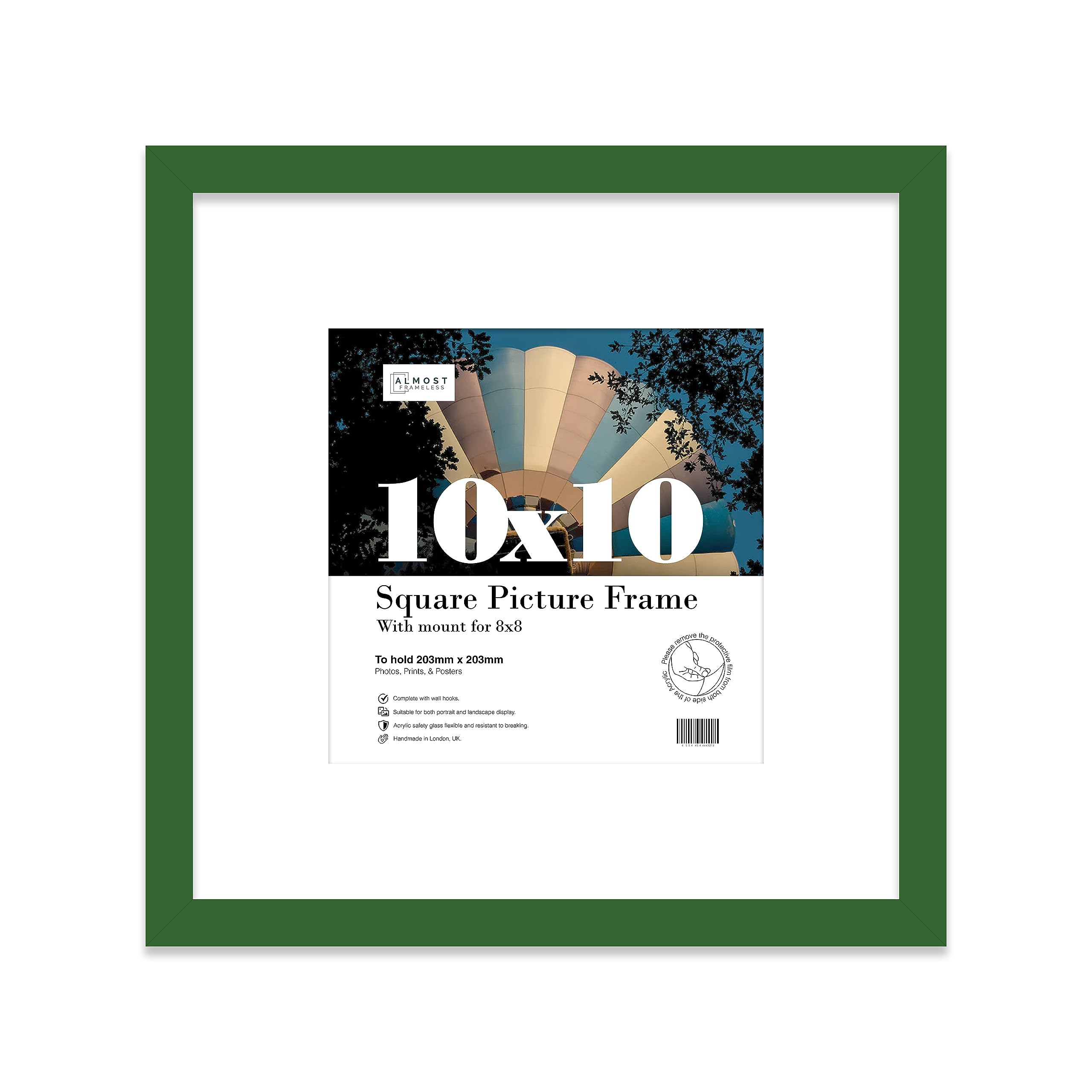 10x10 Green Picture Frame with Mount for 8x8 Photos, Prints - Modern Square Wall Frame, 1 Pack