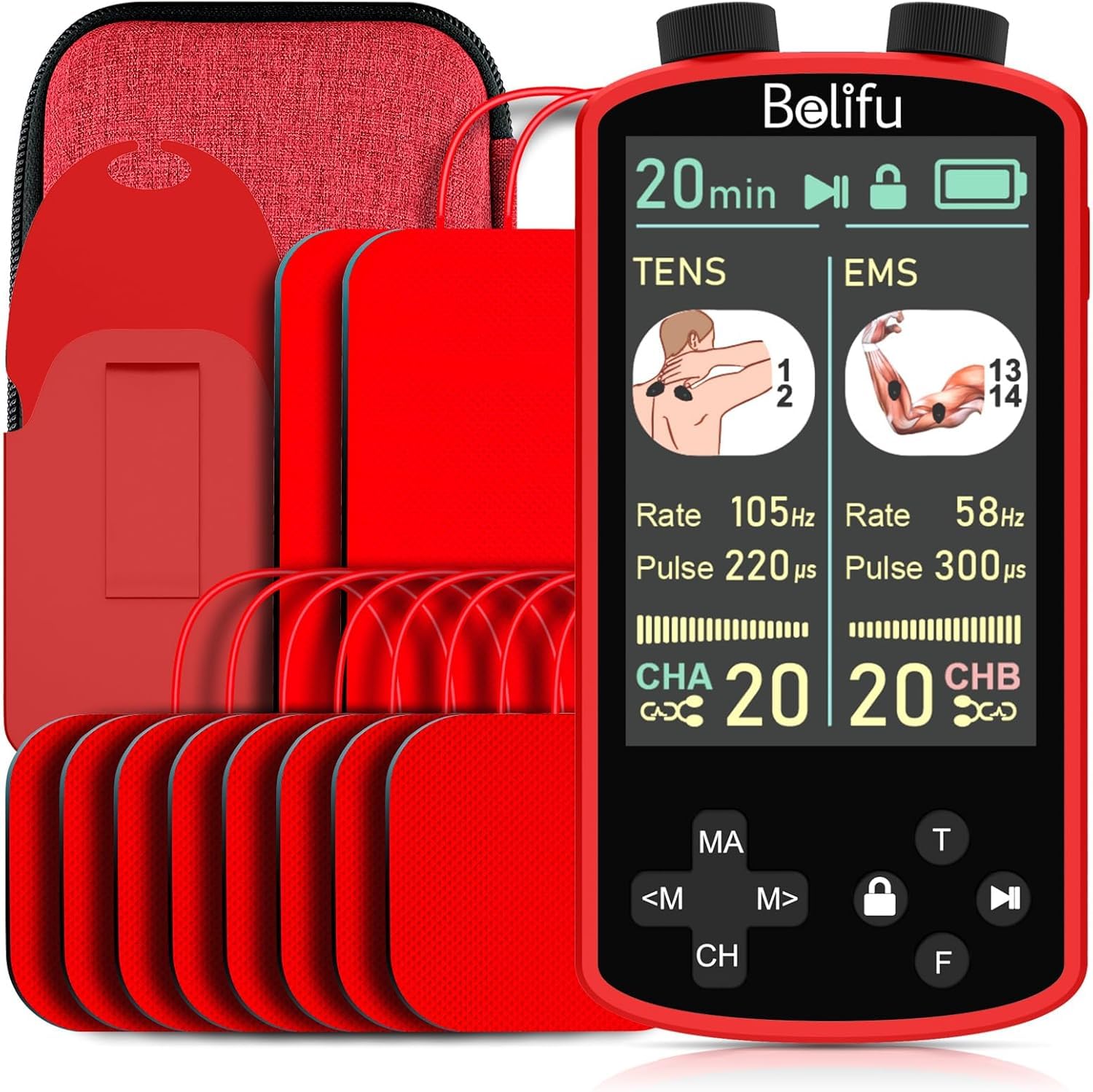 TENS EMS Unit Muscle Stimulator for Pain Relief Therapy - 4 in 1 TENS EMS Relax Custom Frequency+Pulse - Muscle Massager 36 Modes 20 Intensity, Memory & Favorites Function, 3.8" Color Display - Red
