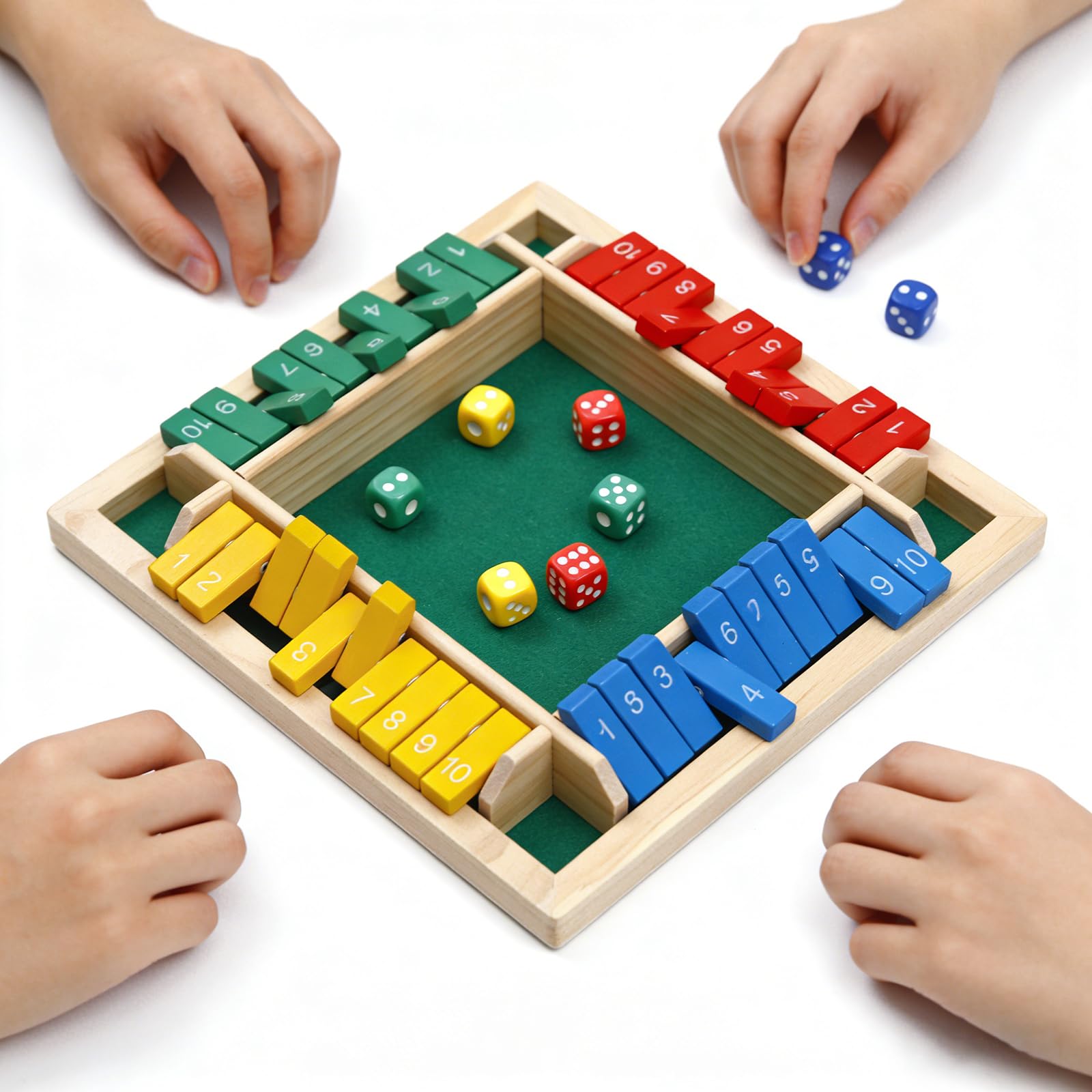 Flero Shut The Box - Gioco a dadi per 4 giocatori in legno - Gioco di tattica e calcolo (Multicolore) - Gioco da tavolo, giocattolo educativo, gioco didattico per bambini e adulti - 8 dadi