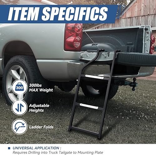 Miniatura 2 de Auto Dynasty Escalera universal plegable para portón trasero, resistente, compatible con camionetas sin obstrucciones, acero, recubrimiento en polvo