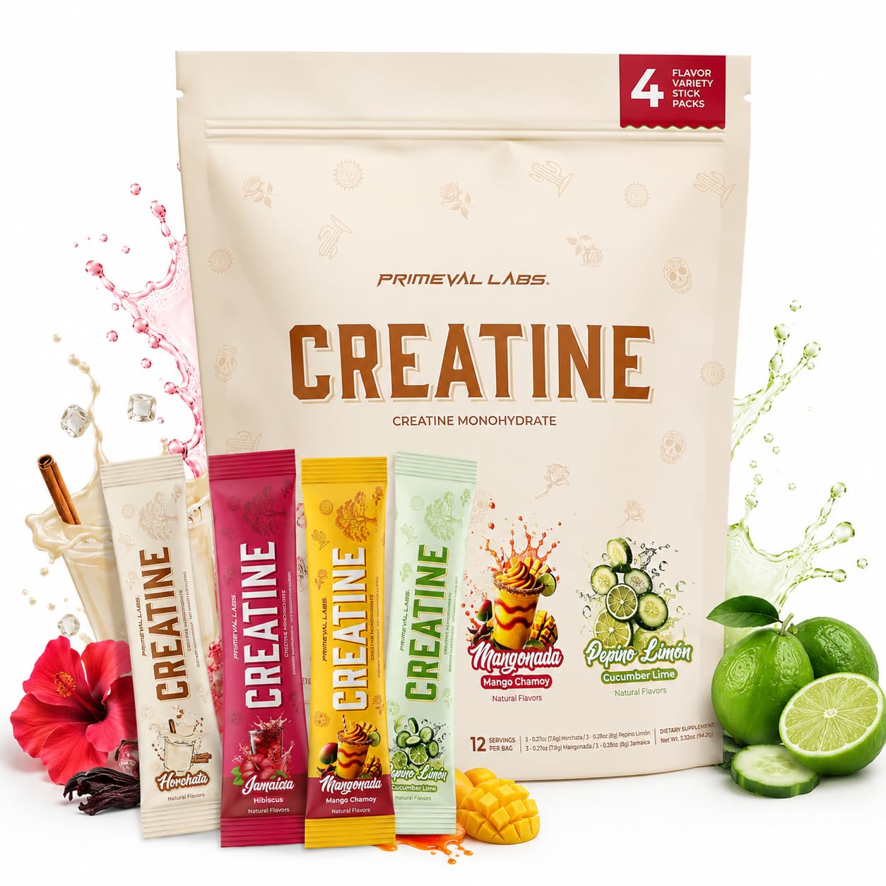 Primeval Labs Creatina Monohidratada em Pó, Sabores Latinos Variados, Pacote com 12