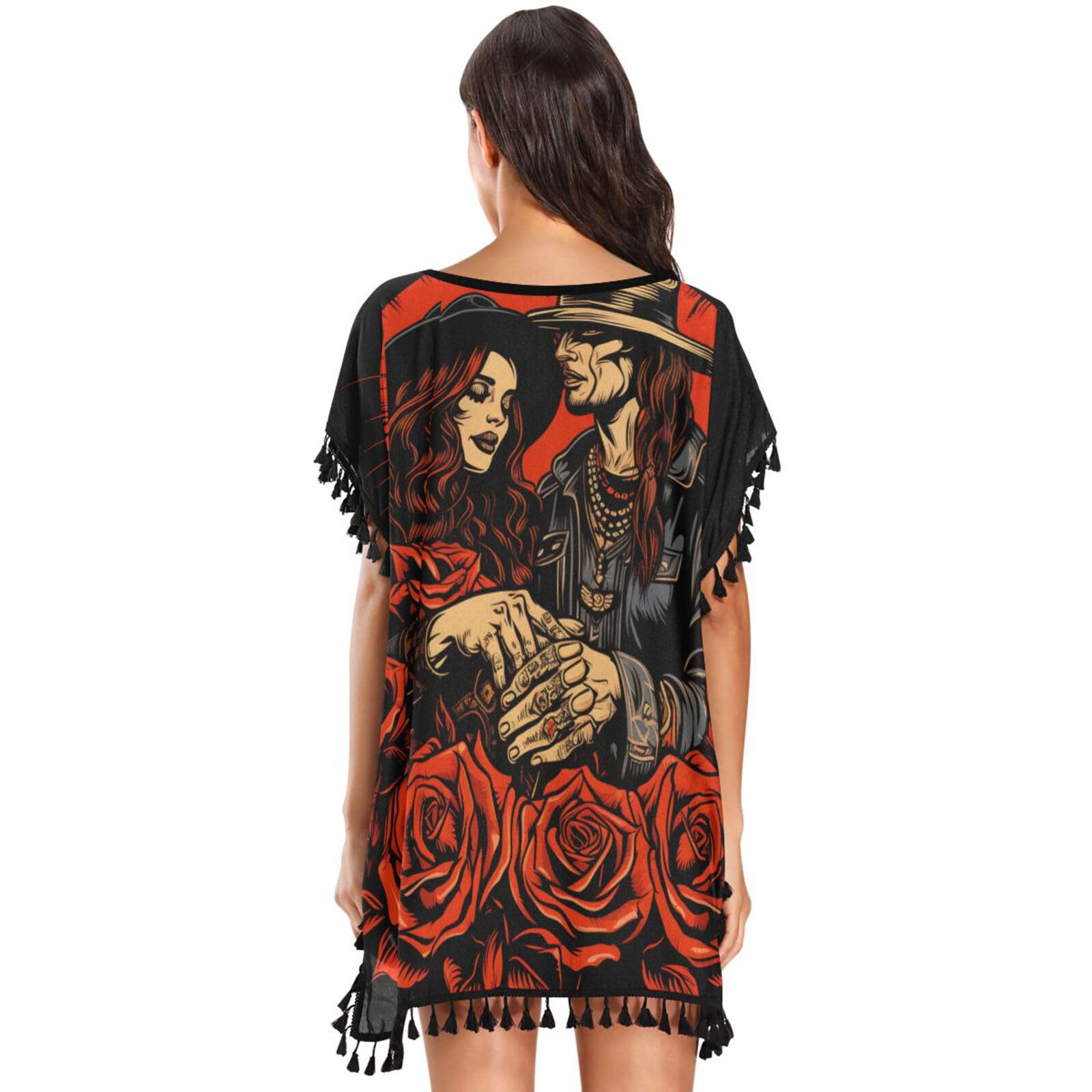 Red Rose Love Art Women's Beach Cover Up Chiffon Tassel Swimwear Swimsuit Coverups for Girl