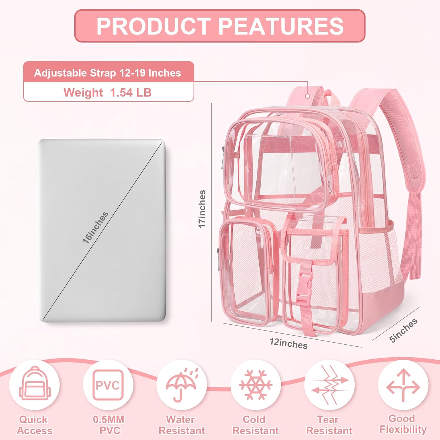 Attmu Clear Backpack, Heavy Duty PVC Transparent Bookbag with Reinforced Strap, Large Capacity See Through Clear Bag for Stadium Events College Concerts Sport Work Security Travel, Pink