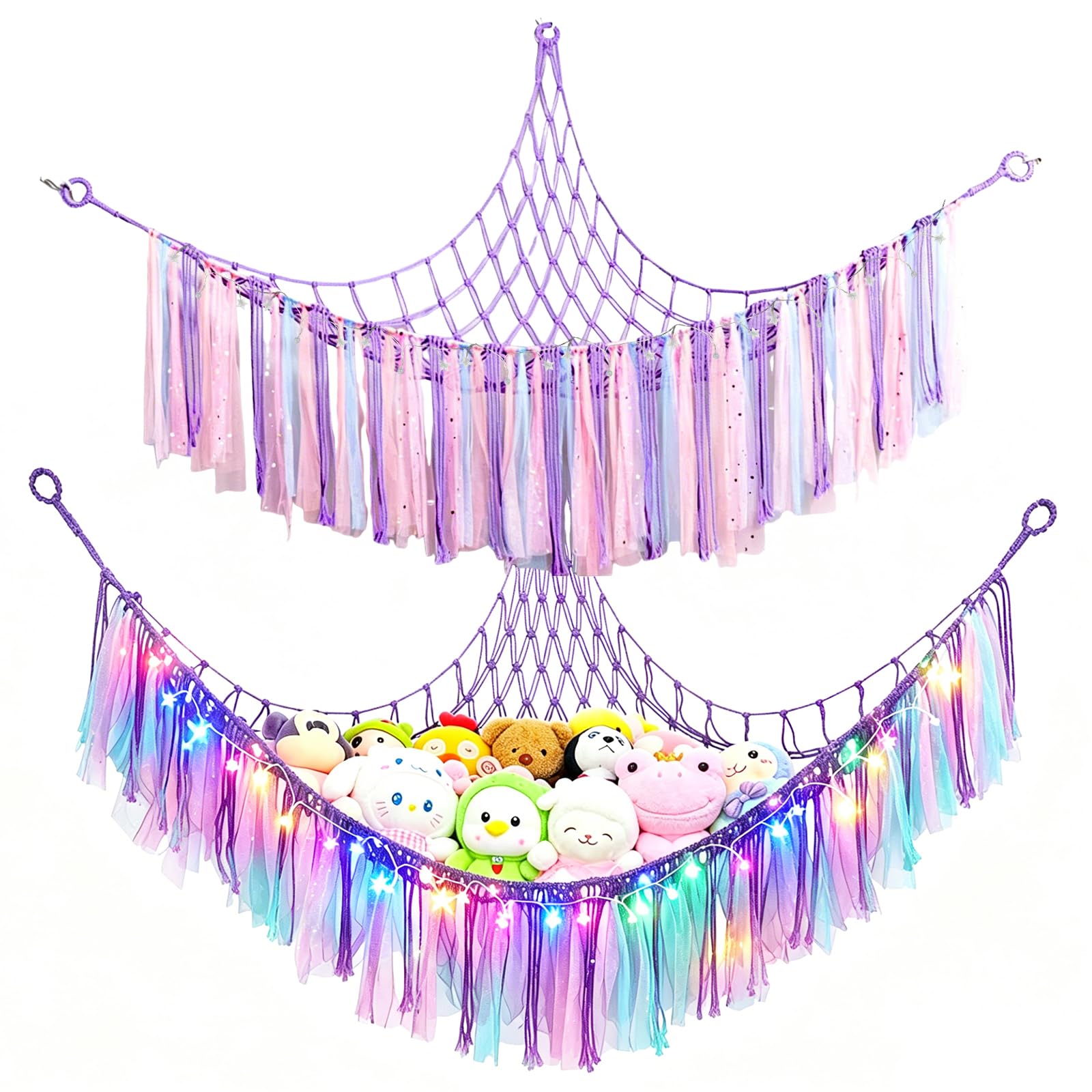 Stuffed Animal Hammock with LED Lights, Teddy Hammock Toy Storage Net, Hand Woven Plush Macrame Organizer with Tassel for Nursery, Kids Bedroom Decor (Purple)