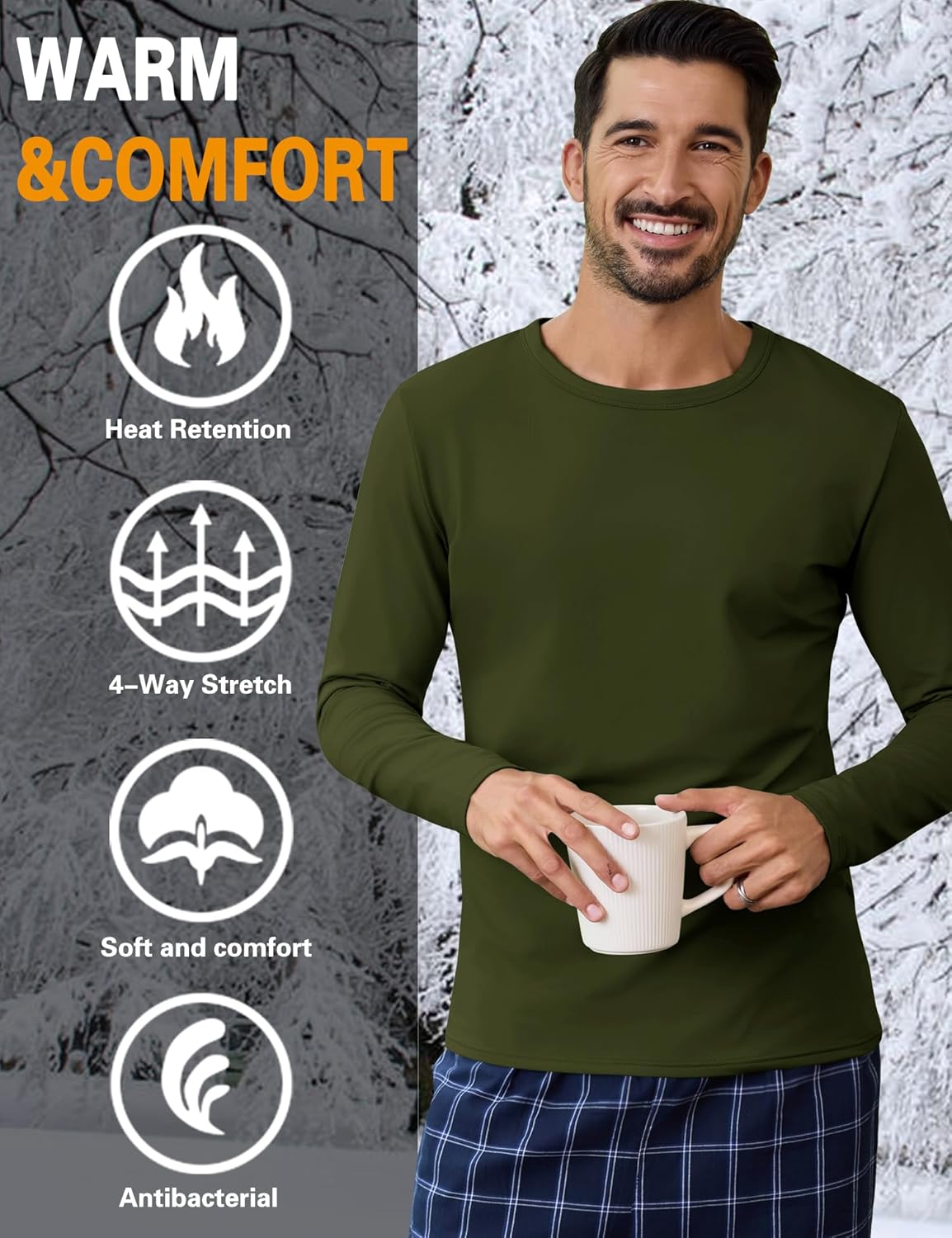 URRU Men's Thermal Long Sleeve Shirts Fleece Lined High Stretch Thermal Underwear Tops Base Layer for Men Cold Weather Gear - Image 6