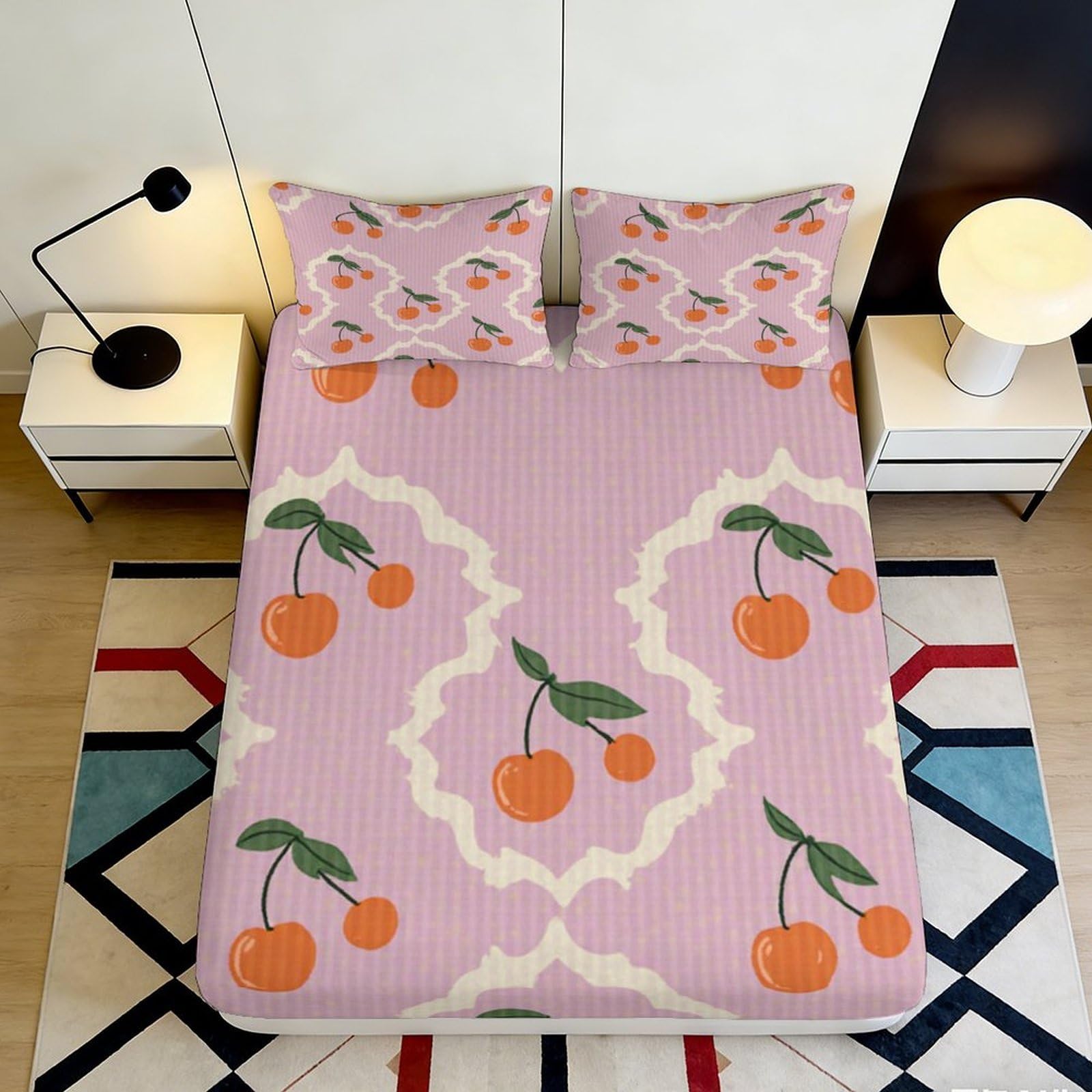 3D Printed Cherry Pattern Fitted Sheet Microfiber Soft Breathable Fruit Design Bed Cover for Bedroom Dormitory Guest Room Mattress Protection 200x200x25cm