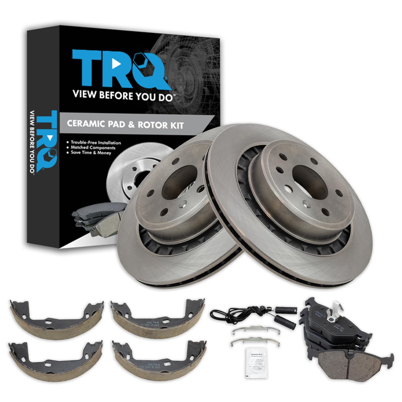 TRQ Rear Brake Pad and Rotor Set Ceramic Vented Rotors Parking Shoe