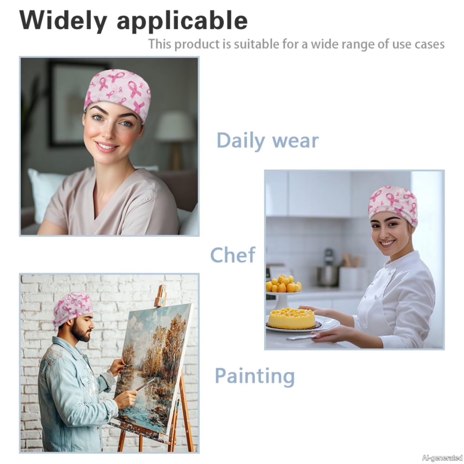 Breast Cancer Awareness damski zestaw szorowania różowa wstążka z czapką | Wygodny top i spodnie z szerokimi nogawkami ze sznurkiem do biura medycznego, odzież robocza, można prać w pralce