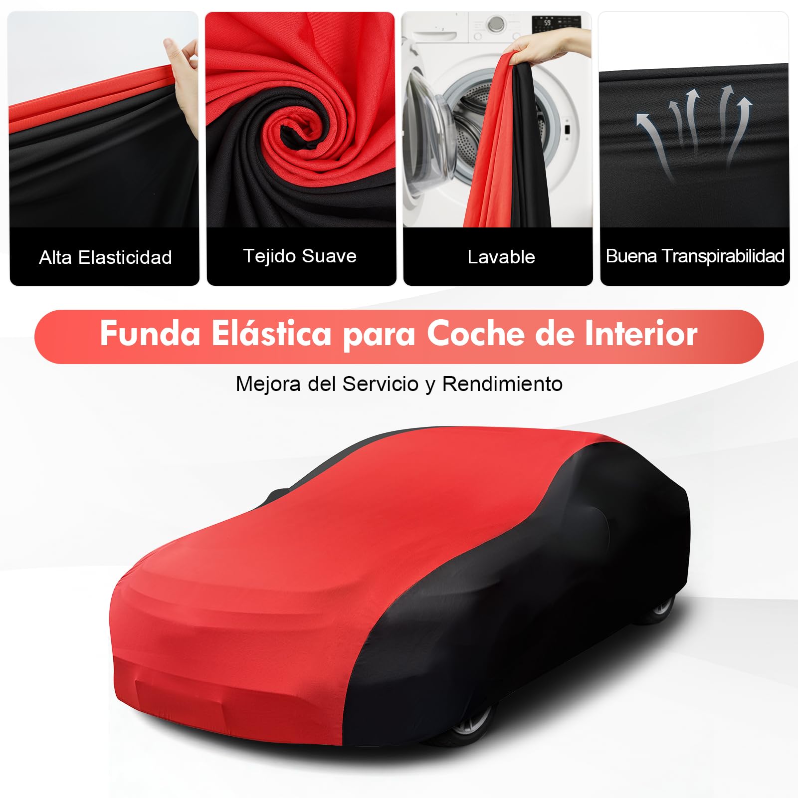 Funda Coche EláStica Interior, Funda para Coche Universal para Deportivo, SUV Mediano, Dedán de Lujo, Transpirable y a Prueba de Polvo, Suave y CóModo, Ajustado, Negro y Rojo, XL
