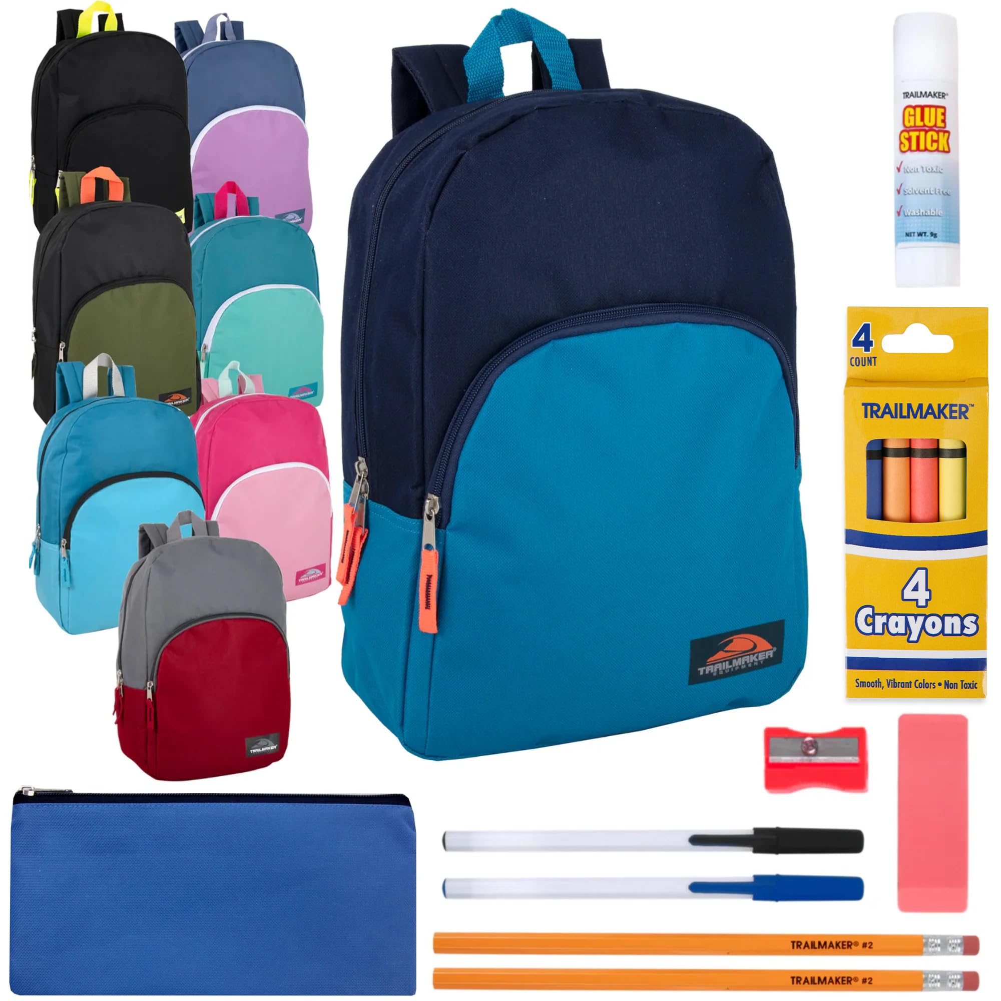 Trail maker 24 Pack Bulk Backpacks with School Supplies for Kids, 15 Inch Bulk Backpacks with 12 Piece Wholesale School Supply Kits (Mixed Assortment)