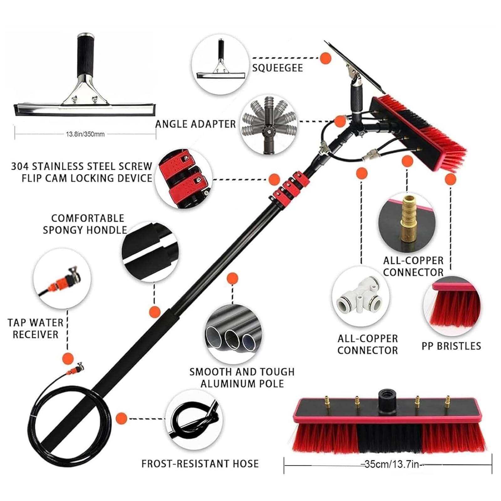 Cepillo/Escoba Limpiador Extensible 3.6-10.8 m con Agua a Presión - Limpiador de Ventanas, Paredes y Coches, Palo Telescopico, Limpia Placas y Paneles Solares, Hidrolimpiadora(12FT/3.6M)