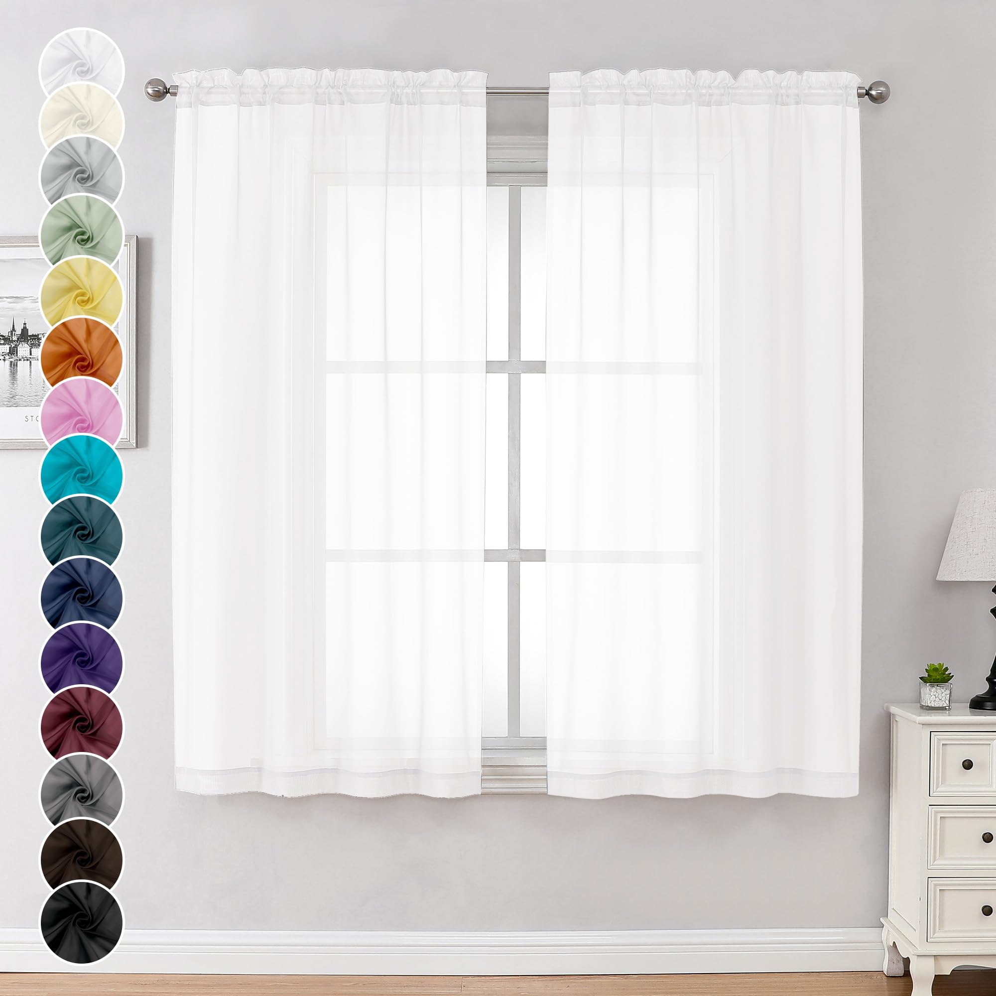 Chyhomenyc White Sheer Curtains 63 Inch Length 2 Panels Set, Light Filtering Rod Pocket Window Curtain Treatment Drapes for Bedroom Living Room, Each 42Wx63L, Set of 2, White