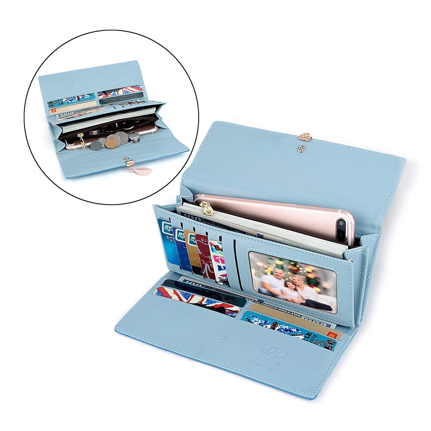 Charltu Portafoglio Donna Lungo Cerniera in Pelle, Portafoglio Donna Grande (Blu)