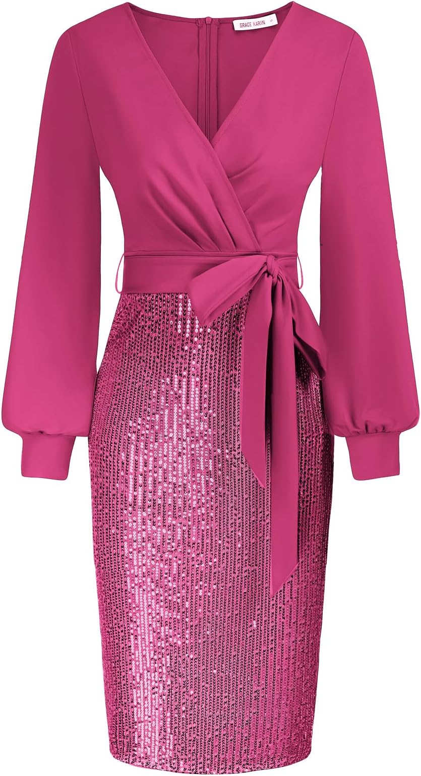 GRACE KARIN Women's Sequin Sparkly Party Dress Cocktail Bodycon Glitter Dresses Long Sleeve