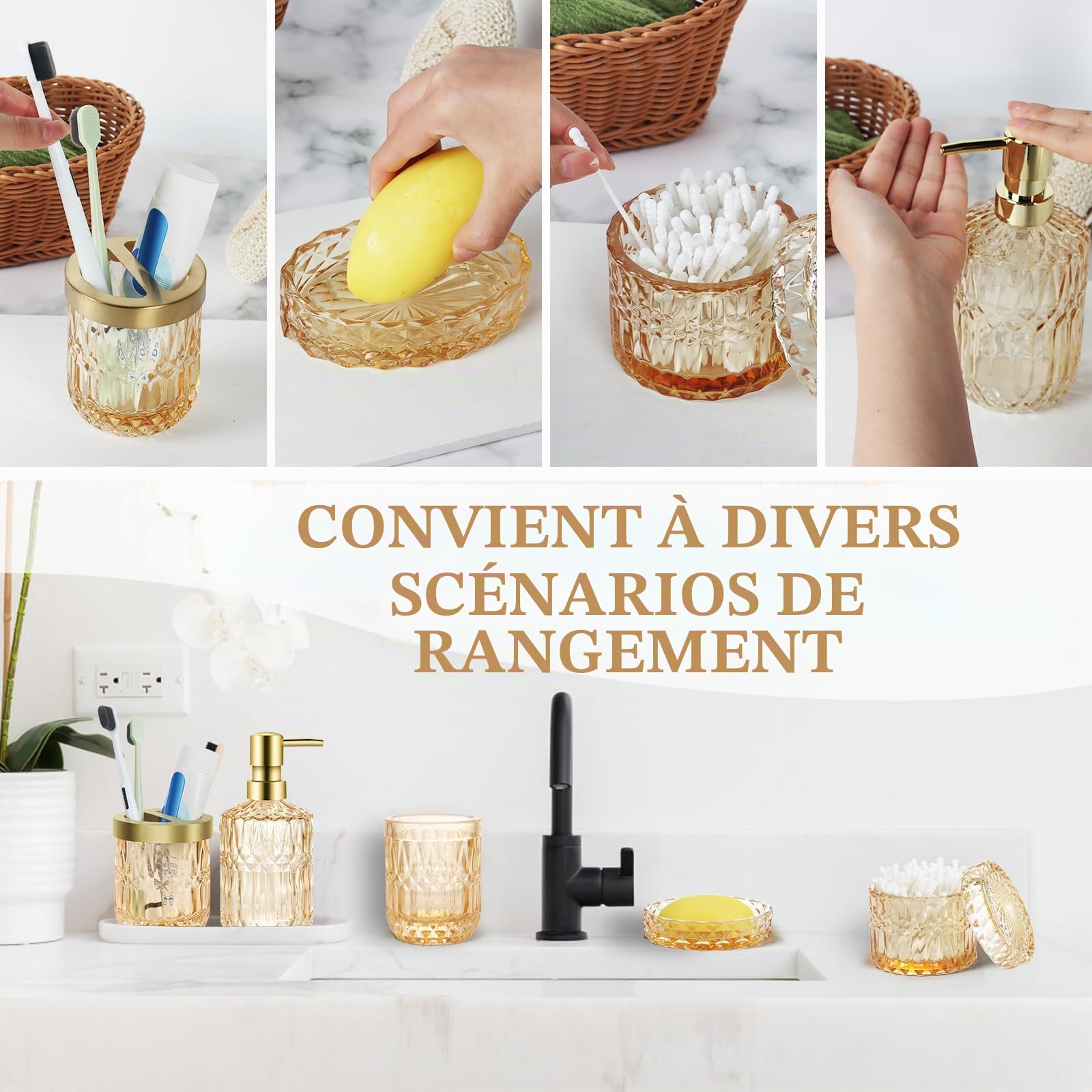 Lot de 5 accessoires de salle de bain en verre doré, distributeur de lotion, porte-savon, porte-brosse à dents, gobelet, cotons-tiges, décoration de salle de bain pour salle de bain moderne, cadeau
