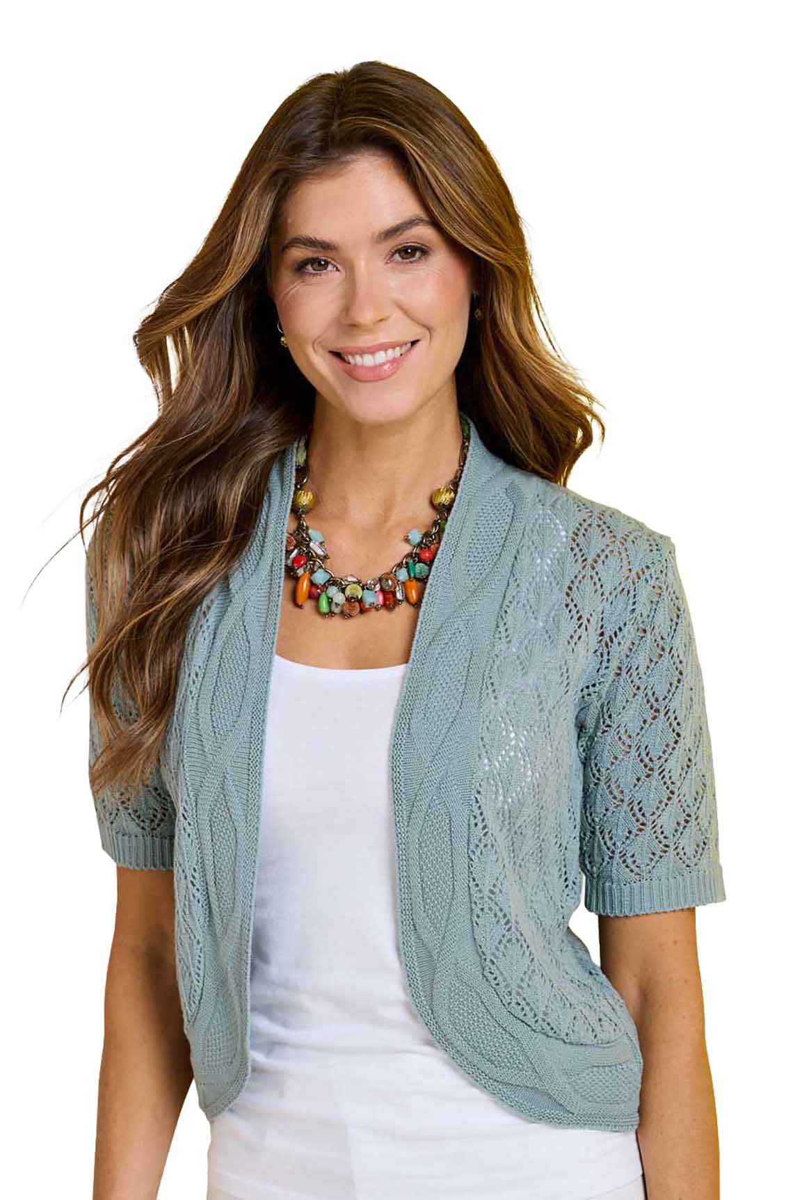 Chums Women's Duck Egg Blue Lightweight Pointelle Knit Shrug Elegant Bolero For Layering 14-16