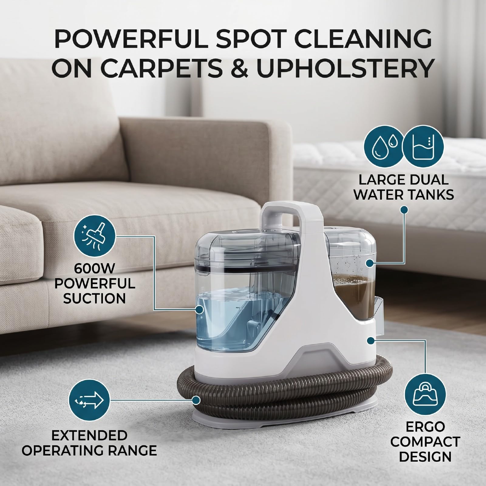 Fafeicy Limpiador de Manchas Portátil, Máquina de Limpieza de Alfombras de Succión Fuerte de 600 W, 16 Kpa, con Tanque Sucio de 1,1 L y Manguera de 6 Pies para Suciedad Rápida de
