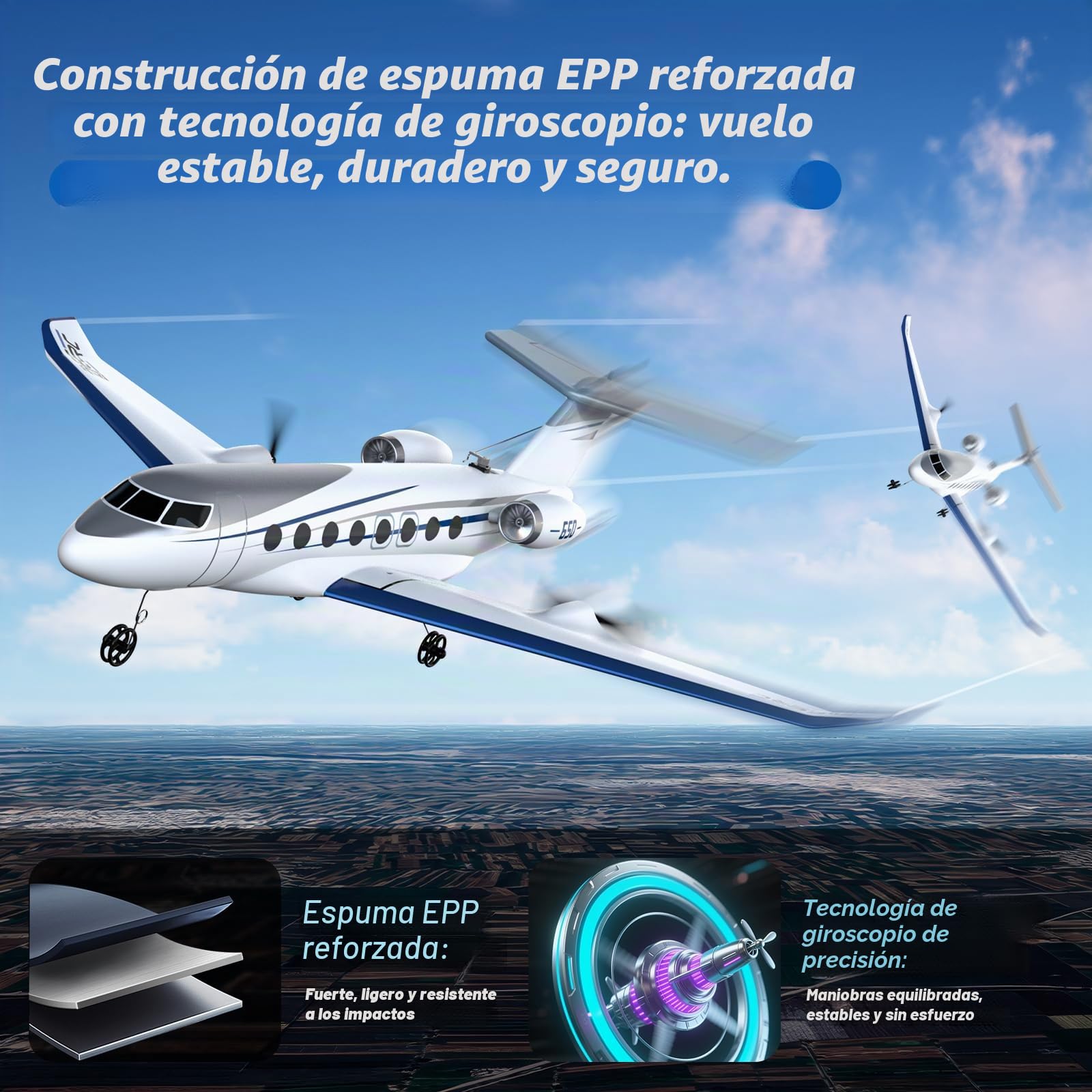 DEERC Avion Teledirigido G650, Jet Privado, Avión RC de 3 Canales, Juguete, giroestabilizador de 6 Ejes de 2,4 GHz, Planeador RTF, fácil de Volar, Ideal para Principiantes, niños y Adultos.