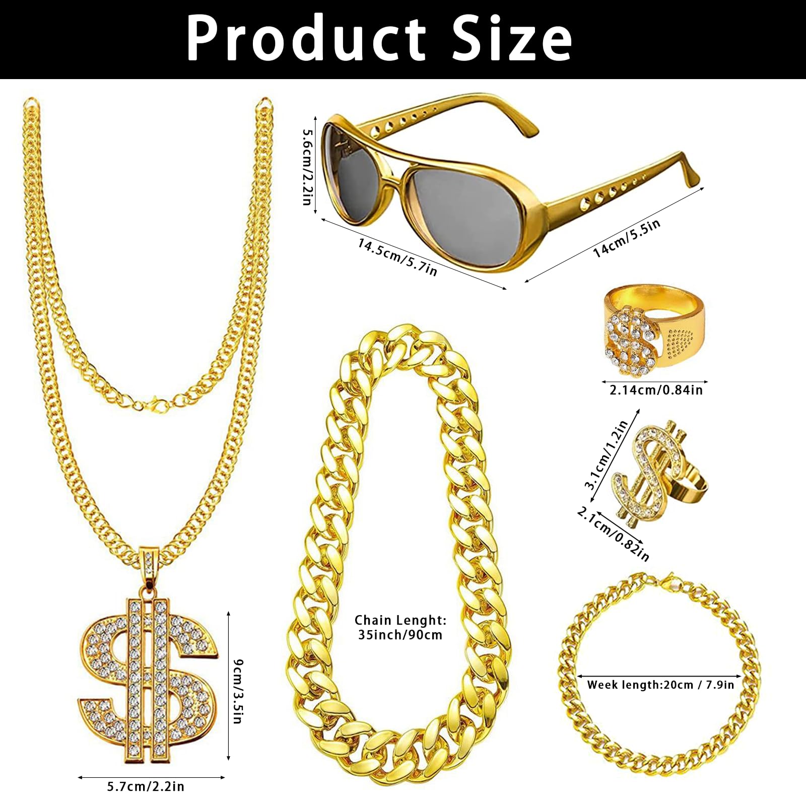 Qwrqwr Rapper Hippie Costume Accessories Gold Digger costume with King of Disco Gold Money Chain Songs Sunglasses Hippie Bracelet and Rings 80s Fancy Dress for Men Women Carnival Party (B) - Image 2