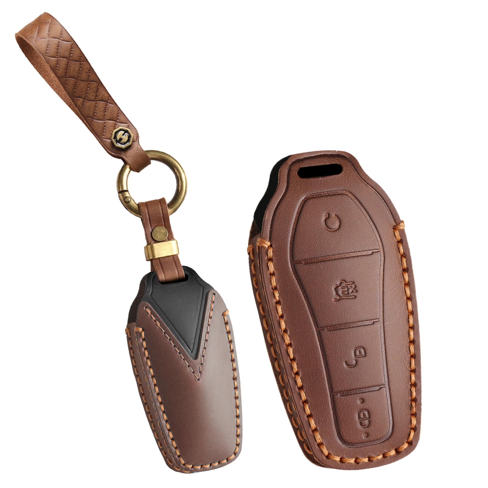 KUNIO Etui na kluczyki samochodowe pasuje do BYD Seal U DM-i Seal Song Plus EV Tang Atto 2 Atto 3 Dolphin Han Denza D9, etui na klucze, 4 przyciski, breloczek do kluczy, skóra PU, brązowe