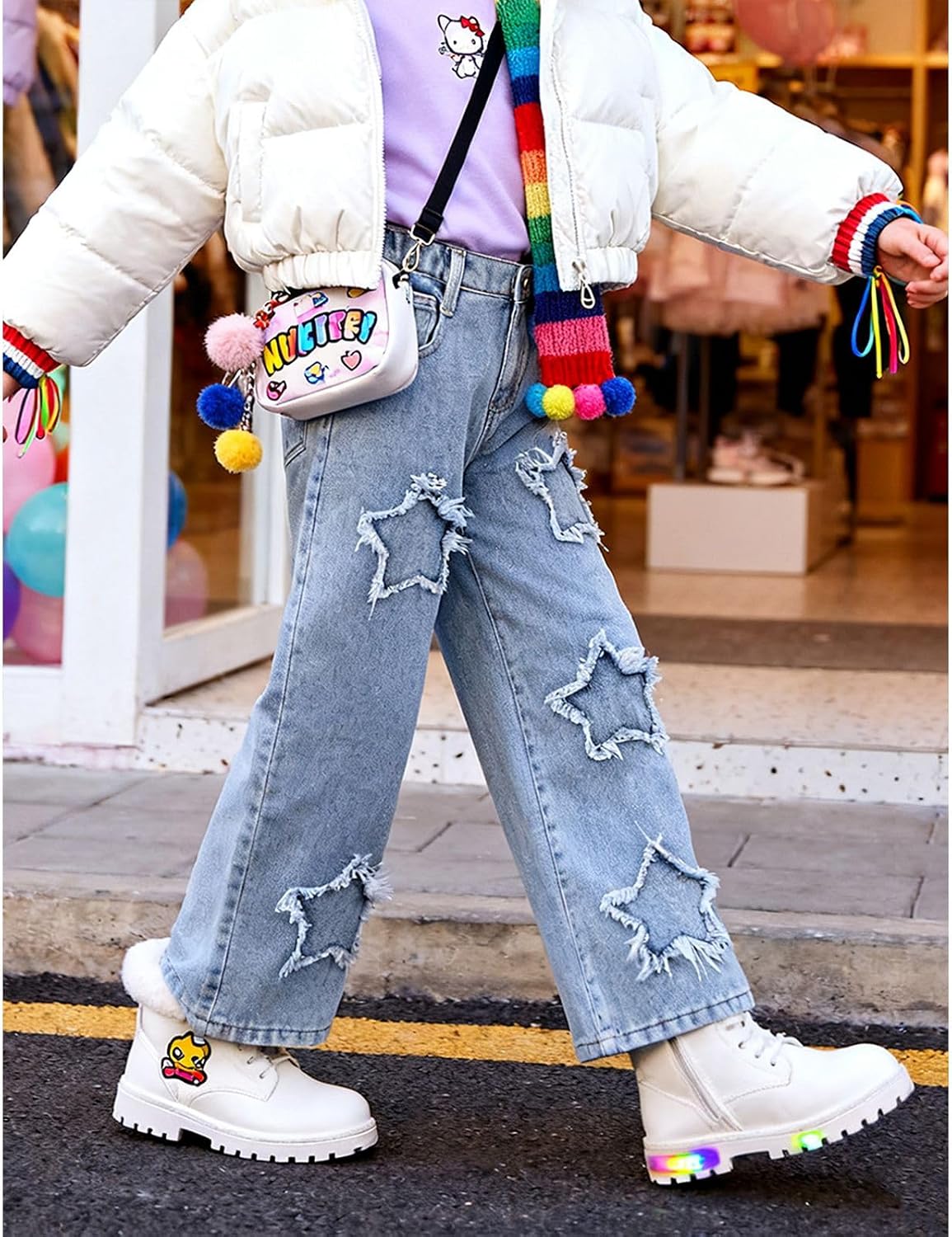 Girls Straight Leg Jeans High Waist Elastic Denim Pants Star Patch Design Light Blue for Kids 7–14