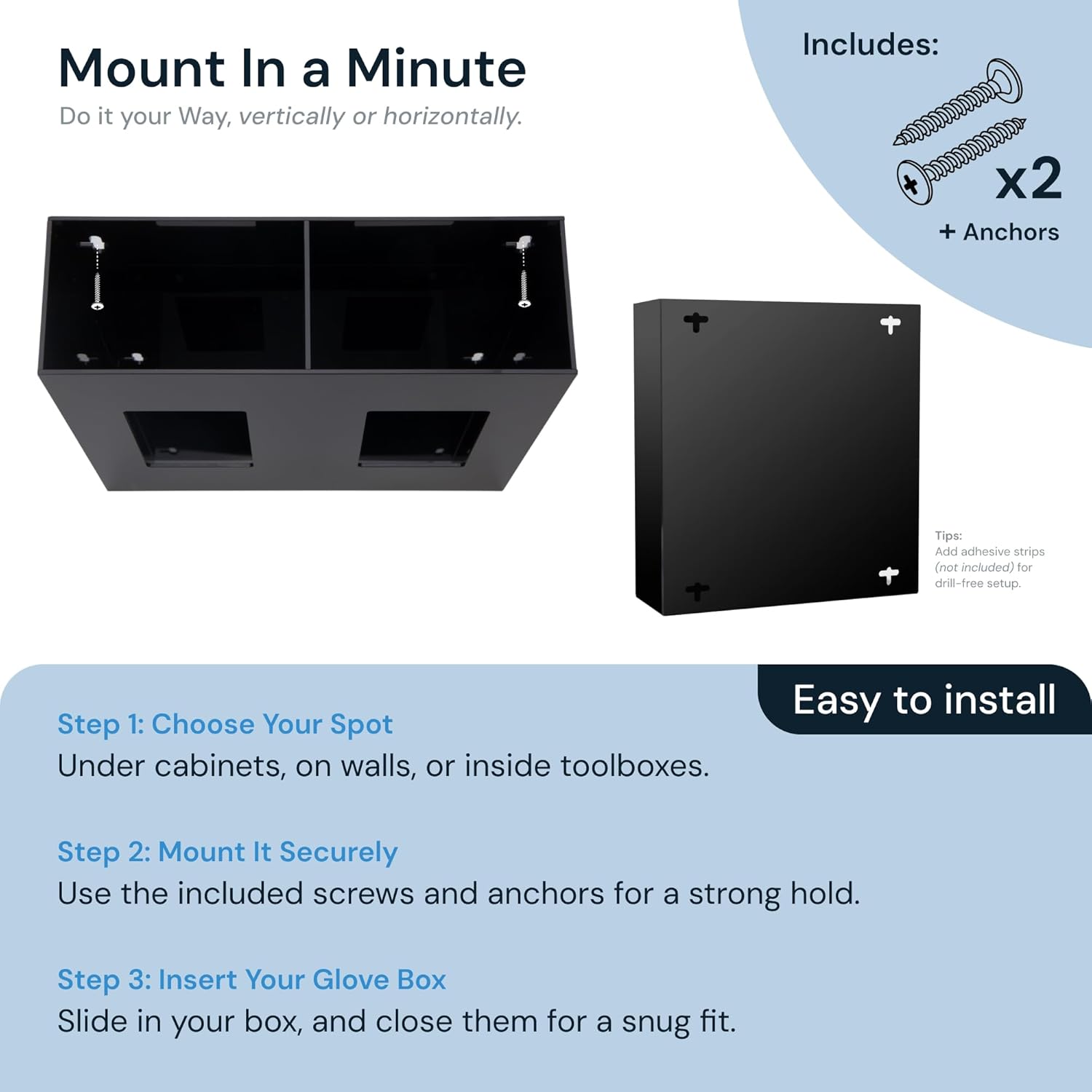 SimplyImagine Double Glove Dispenser Wall Mount - Black Acrylic Glove Holder for Wall Mount - Heavy Duty Side Loading Box Organizer for Tattoo Supplies, Shop Accessories & Professional Labs