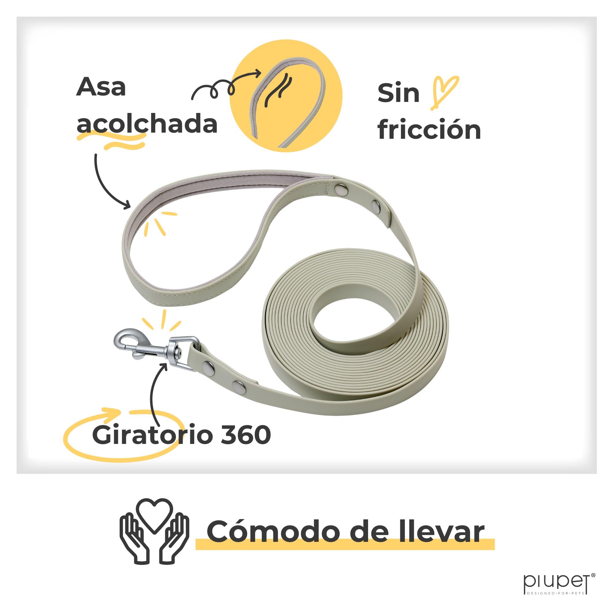 PiuPet® Correa de Adiestramiento para Perros | 5m, 10m, 20m | Repelente al Agua | Correa de Remolque | Larga | para Perros Grandes | Gris