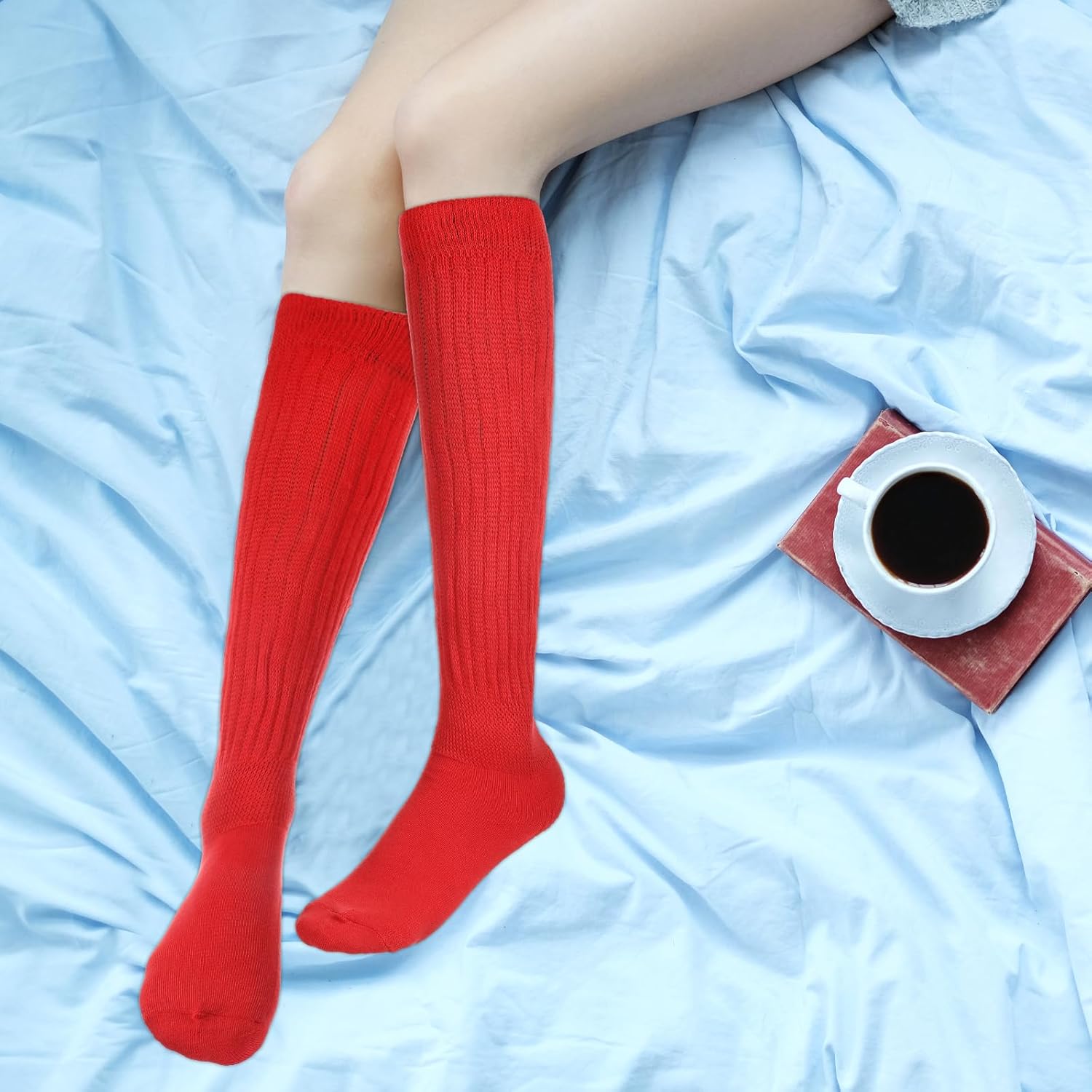 Knee High Red Socks Slouch Socks Long Red Socks for Women Girls 80s 90s Socks Stacked Socks Boot Socks Red Tube Socks Long Scrunch Socks - Image 5