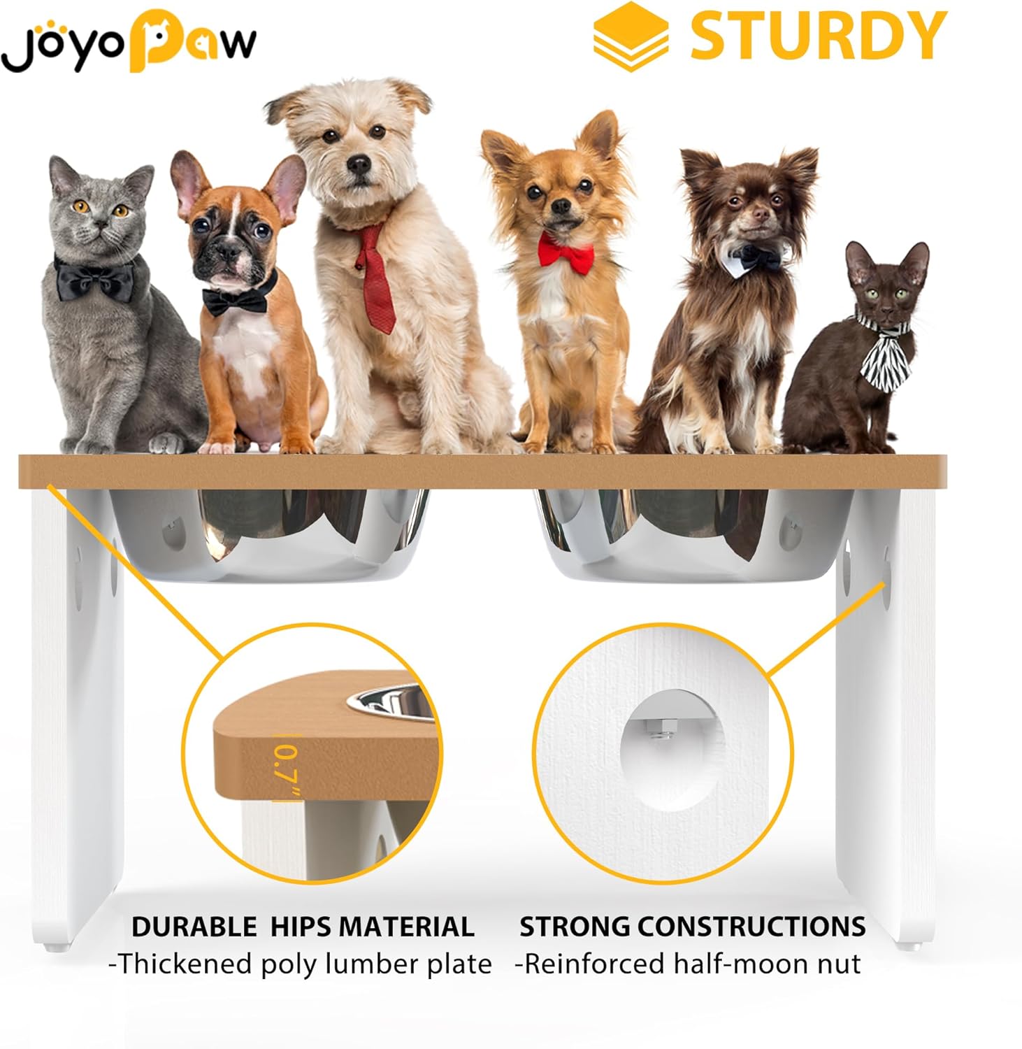 Elevated Dog Bowls, Waterproof Raised Dog Bowl for Medium & Large Dogs, HIPS Poly Lumber Stand with 2 Stainless Steel Bowls, Indoor & Outdoor Use (10'' Tall–48 oz Bowl, Teak-White)