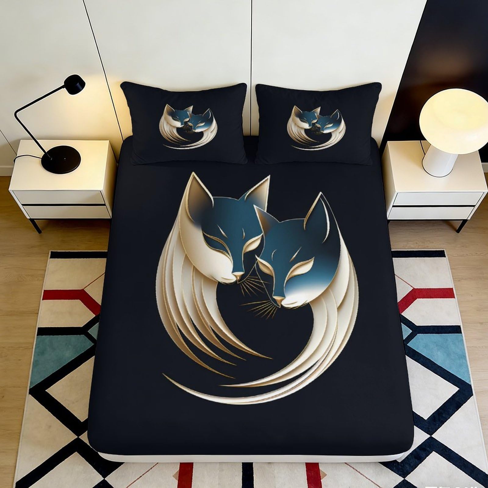3D Printed fitted sheet with artistic cat pattern, microfiber soft touch, wrinkle resistant, for bedroom or guest room, apartment bedding, easy care, bed cover 90x200x25cm
