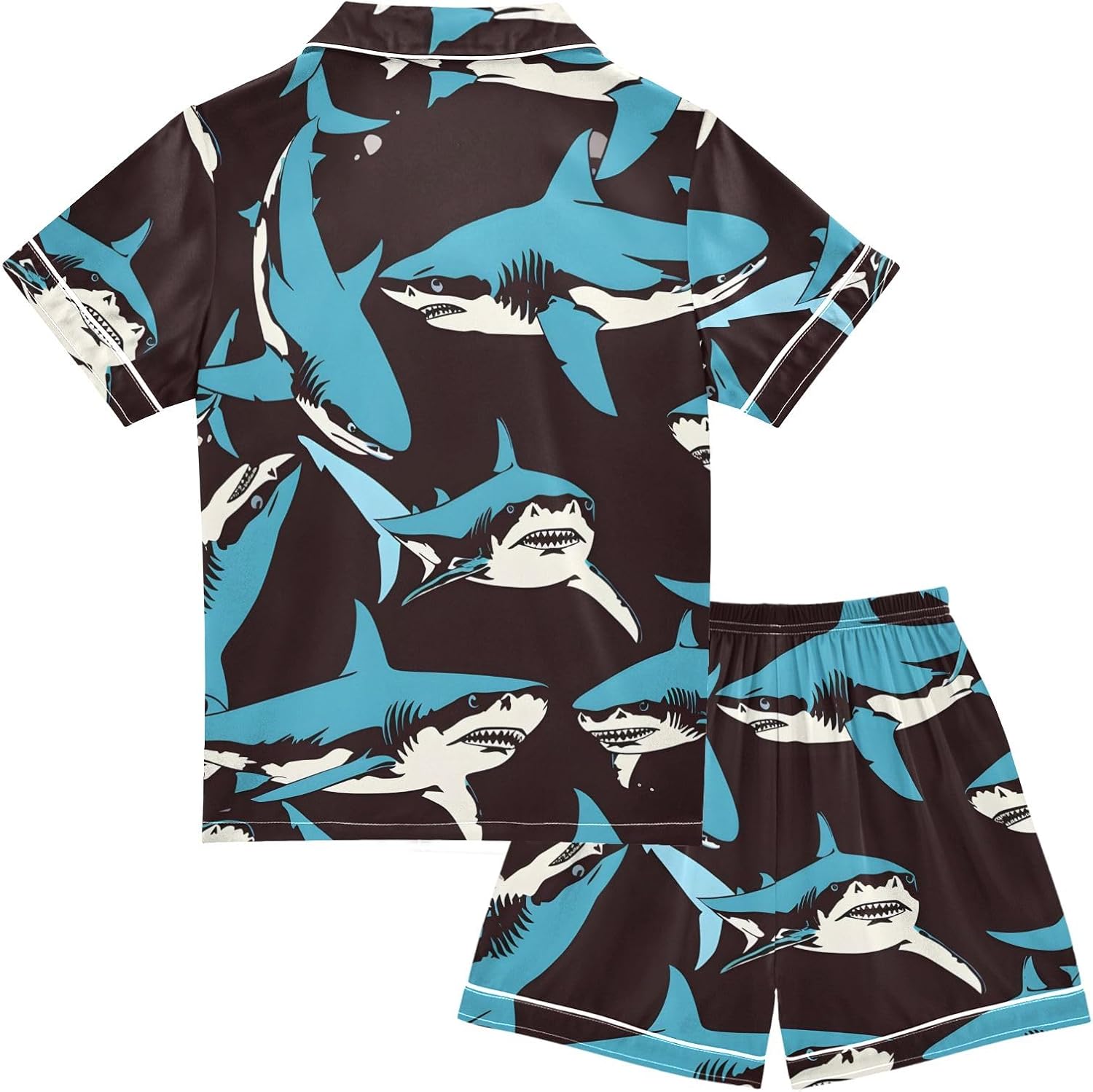 Kids Casual Satin Wear Set Sharks Pattern Print Design Unisex Short Sleeve Clothing for Relaxing