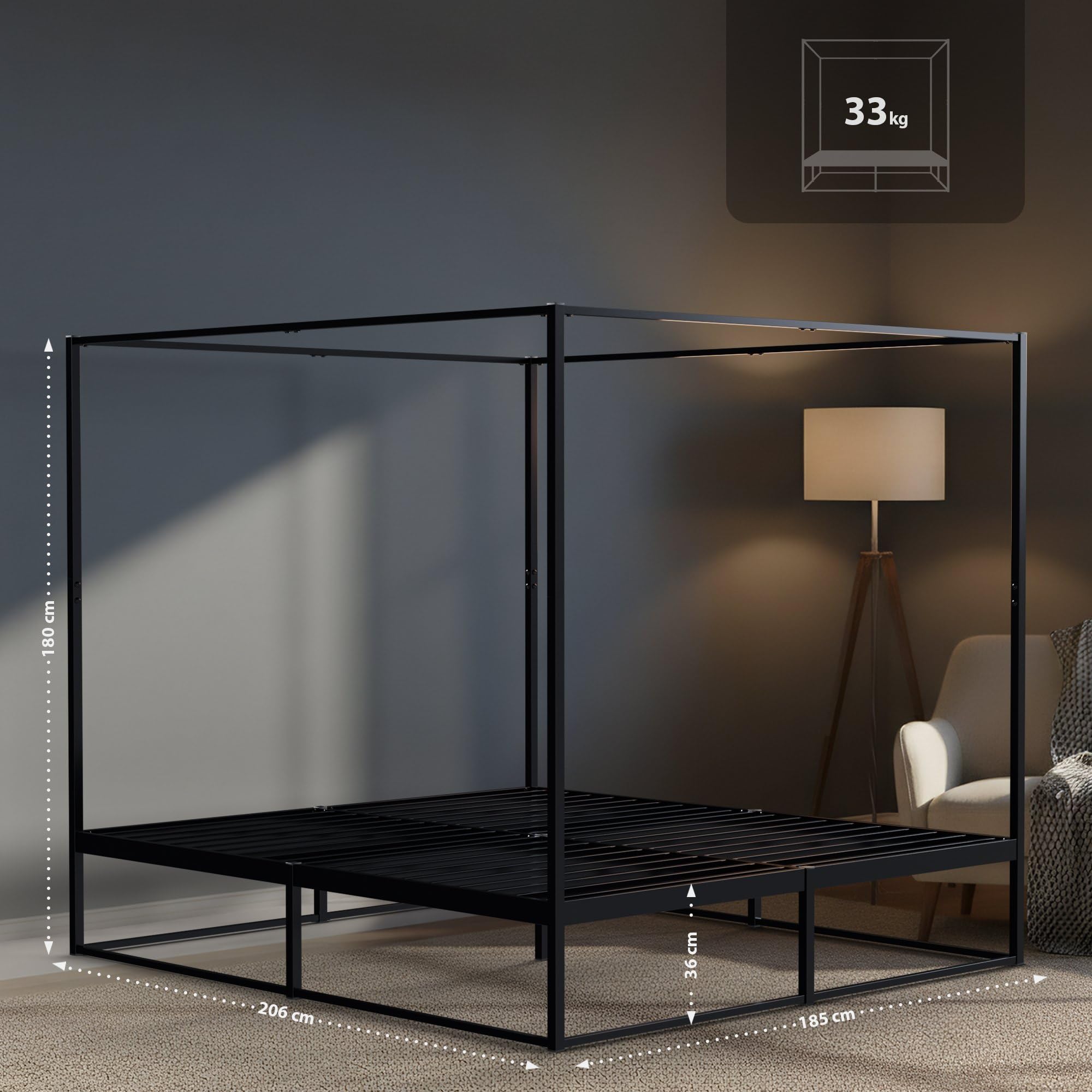 CLP Himmelbett Gestell Batoni, Doppelbett für Erwachsene, Bettgestell und Lattenrost aus Metall, Metallbett stabil, Größe:180 x 200 cm