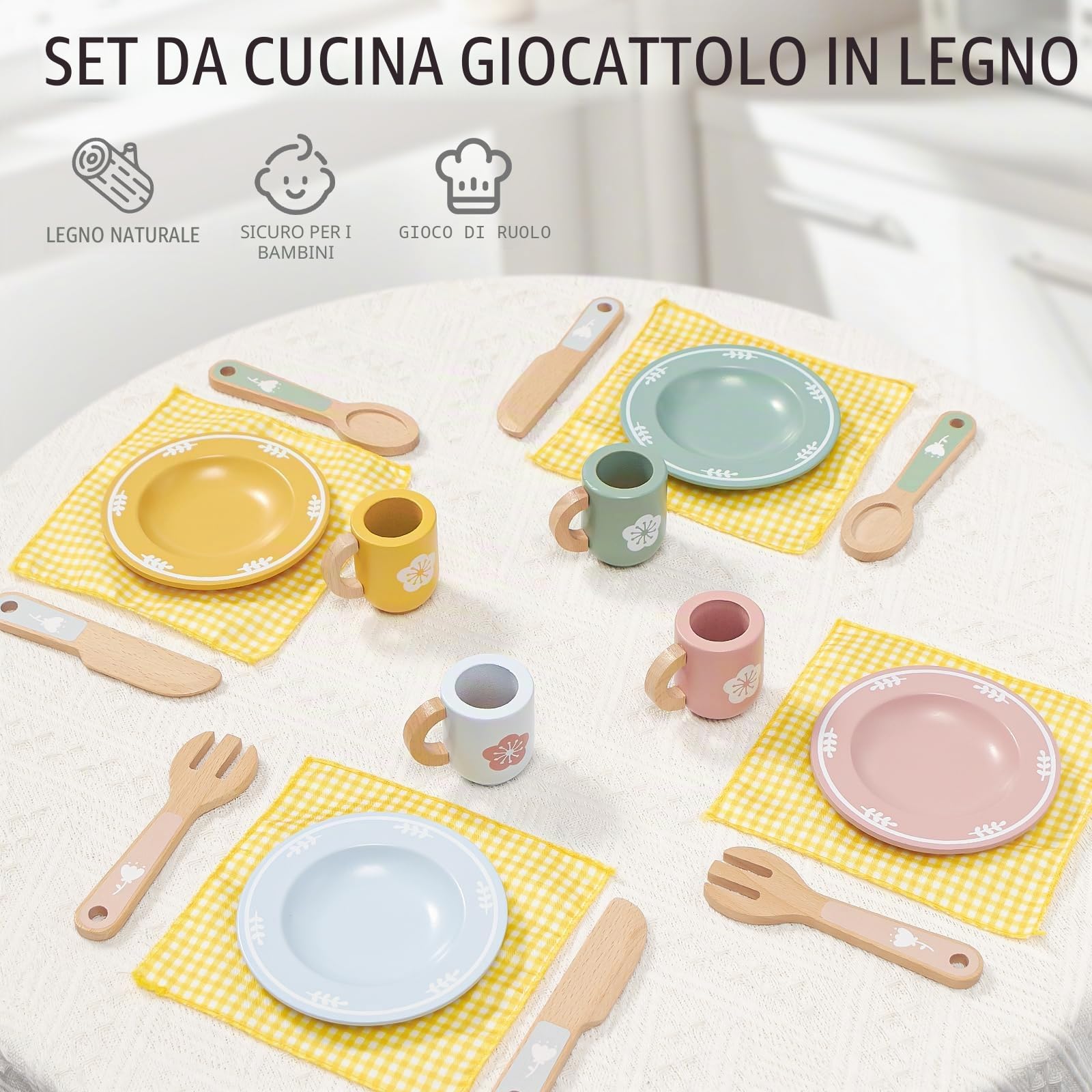 Atoylink Accessori da Cucina per Bambini in Legno: Set Completo con Piatti, Tazze, Posate e Portapiatti - Giochi di Ruolo per Ragazze e Ragazzi 3-8 Anni