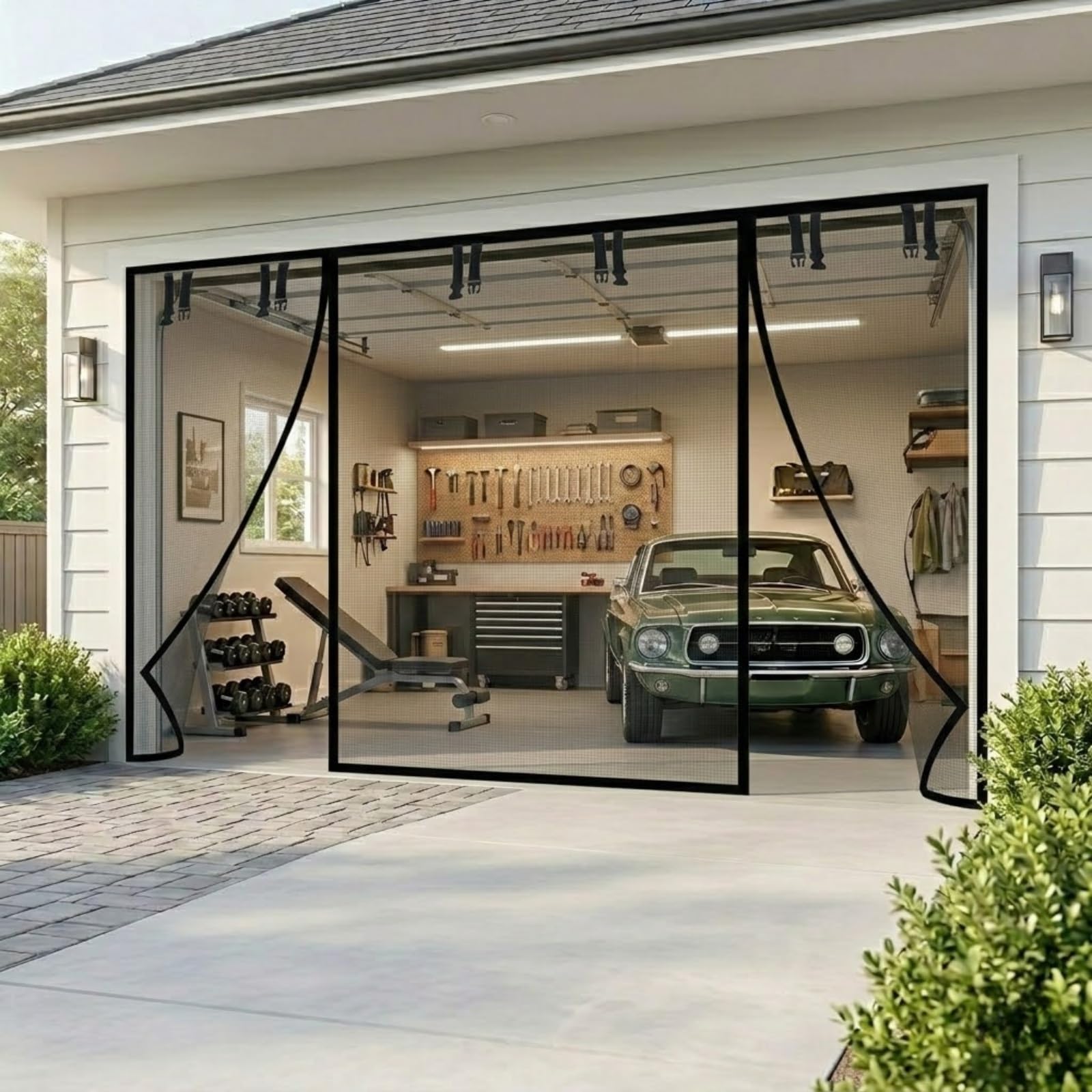 Hochwertiger Magnetvorhang für Garagentore, 3 Eingänge Insektenschutzgitter Balkontür ohne Bohren, Reißfestes Glasfaser-Mückengitter für Terrassentür Garage 244x213cm(Black,305 x 305 cm(10 x 10 ft))