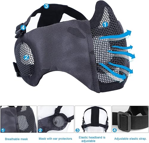 Miniatura 3 de Yzpacc - Máscara de Airsoft con Gafas, Máscara de Malla Plegable de Media Cara con Protección para los Oídos para Paintball, Tiro, Cosplay, Juego CS