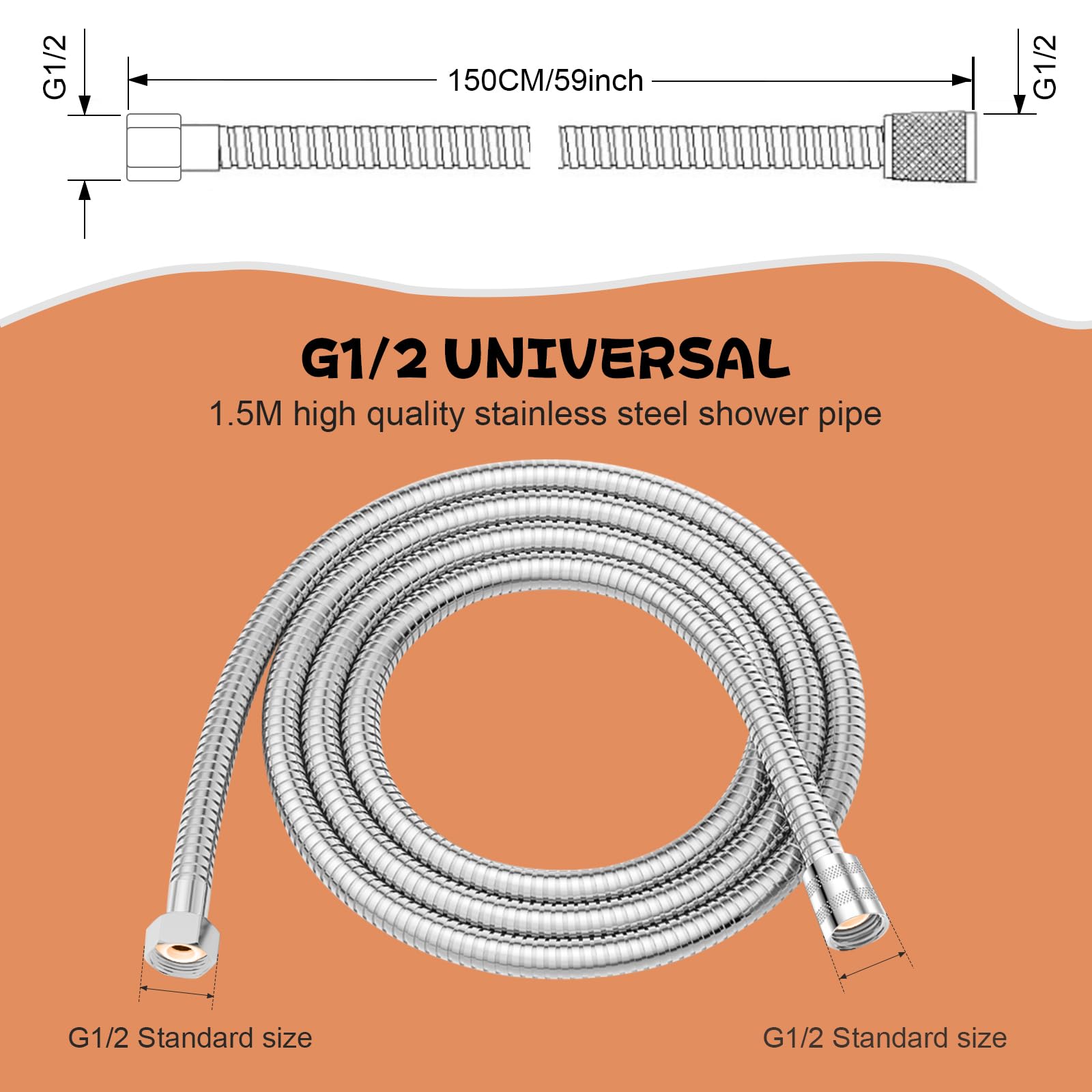 Flessibile per Doccia in Acciaio Inossidabile 1.5m (G1/2”) - Tubo Anti-Torsione, Anti-Esplosione e Resistente alle Alte Temperature, Colore Cromo/Argento
