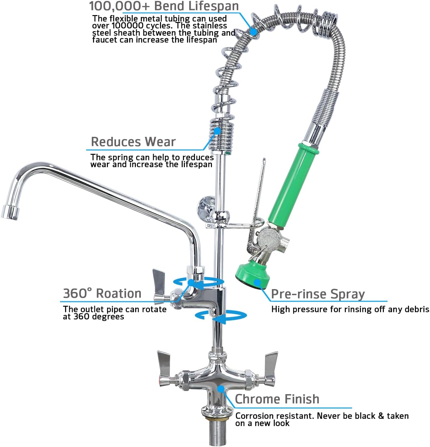 Commercial Pre-Rinse Faucet 8" Center Wall Mount, 25" Height & 12" Spout with Pull Down Sprayer, Ideal for 1 2 3 Compartment Sinks, Heavy-Duty Kitchen Faucet for Restaurant Food Truck