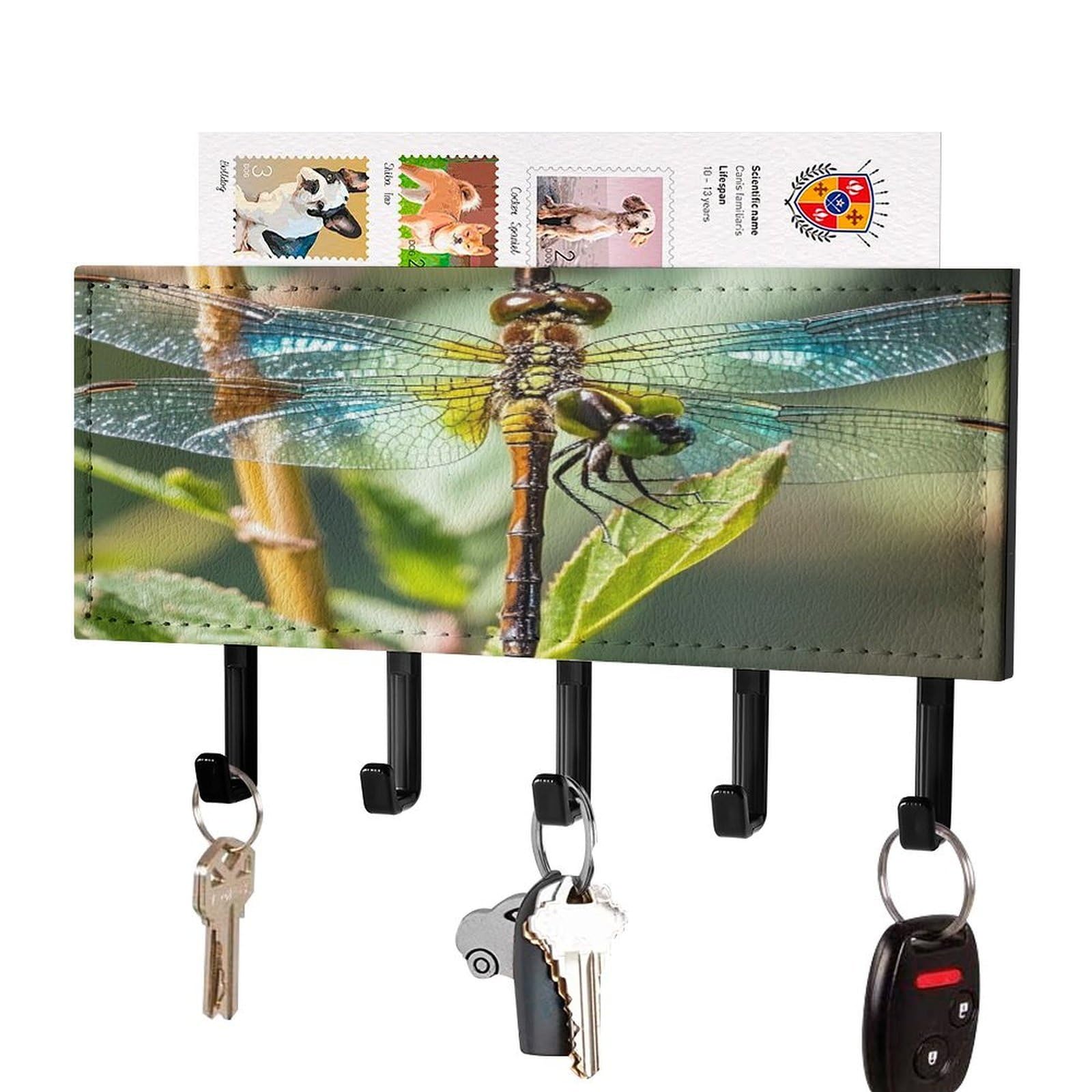 FekiLoot Colorful Dragonfly Key Holder Wall Mount Key and Mail Holder Key Hanger with 5 Hooks Decorative PU Key Rack Hanging Key Hooks for Wall Living Room Kitchen Bathroom Hallway Black-Style