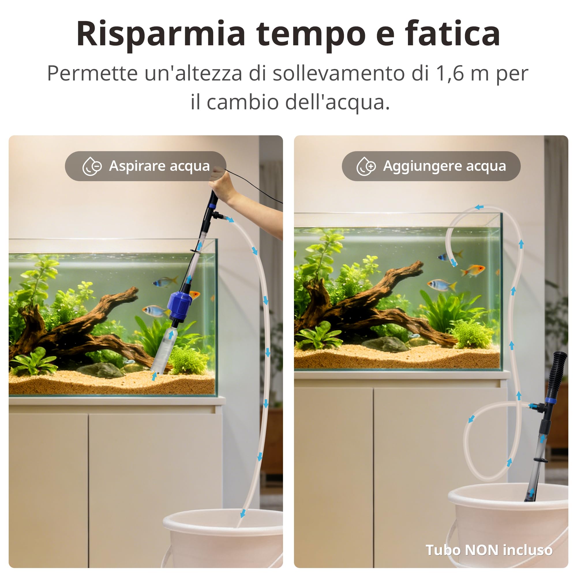 NICREW 3 in 1 Pulizia Acquario Multifunzionale, Sifone per Ghiaia con Filtro in Spugna, Aspirapolvere per Acquario Medio e Grande, 800 L/H, 16 W