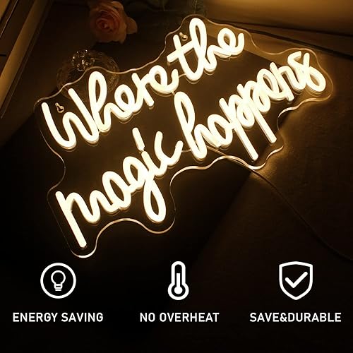 Miniatura 3 de Letrero de neón con texto en inglés Where The Magic Happens, luz LED blanca cálida para decoración de pared, letras alimentadas por USB, luz de neón