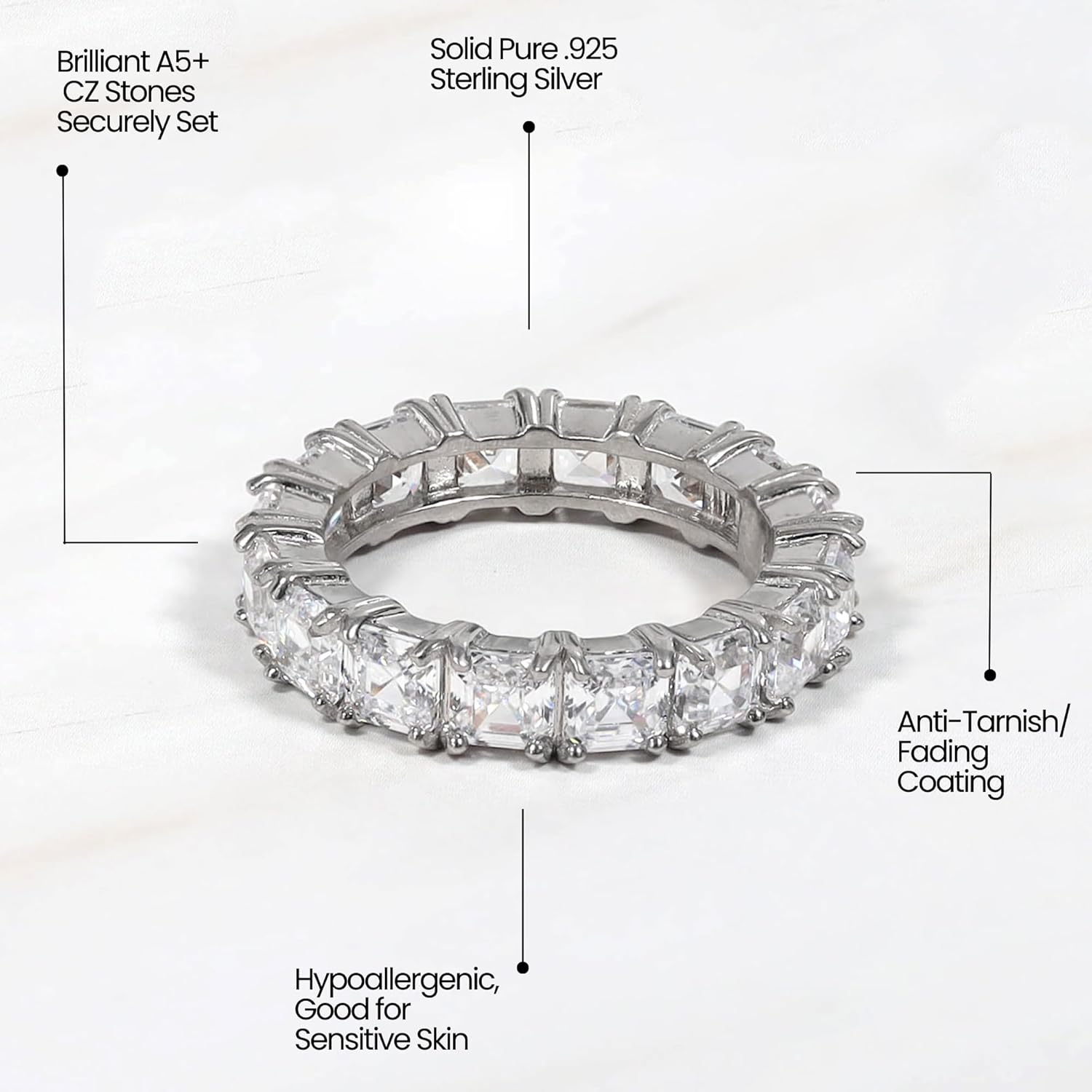Hoops & Loops Sterling Silver Cubic Zirconia 4mm Octagon Asscher-Cut Anniversary Eternity Band Ring - Image 5