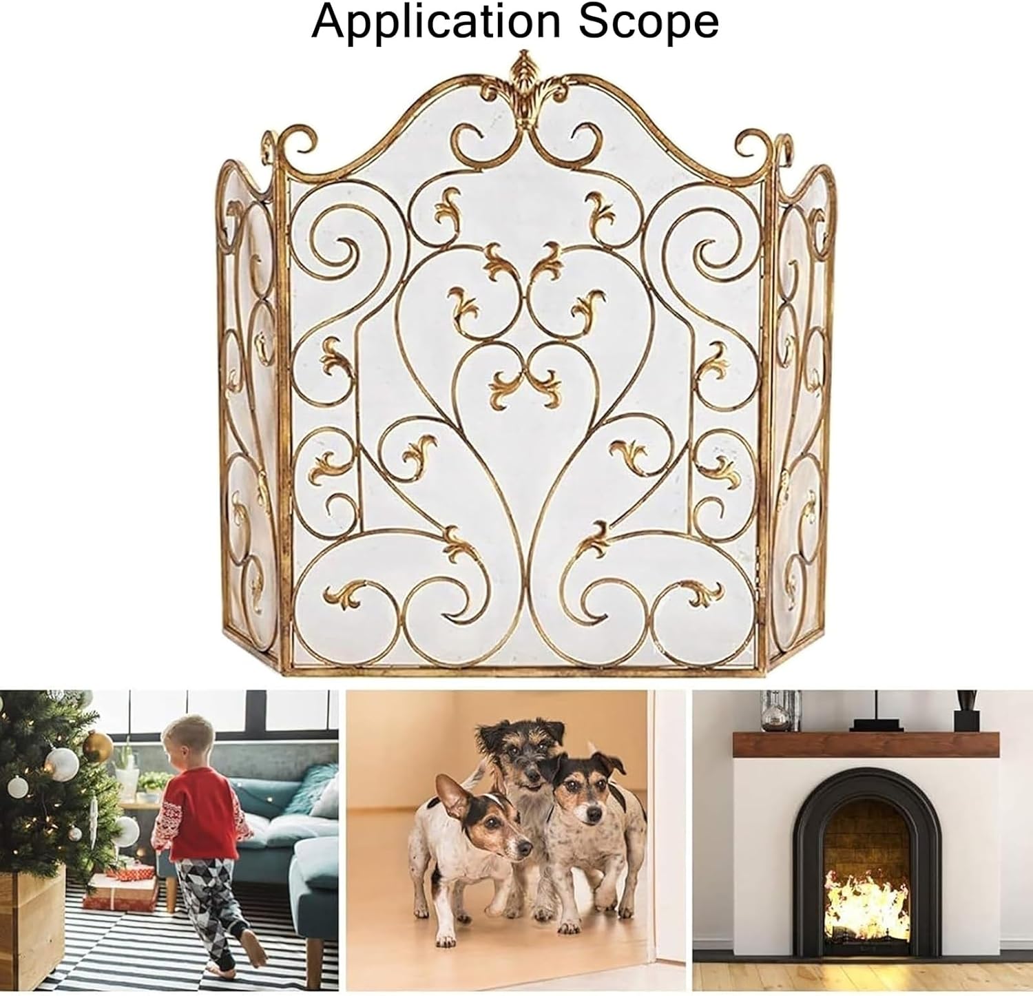 JKGHK Iron Fireplace Screen, Metal Arched 3 Panel Fireplace Cover Stand Alone, Foldable Fire Guard Spark Cover, Home Decoration Fireplace Doors, Protective Mesh Barrier(Brass,32x24in)